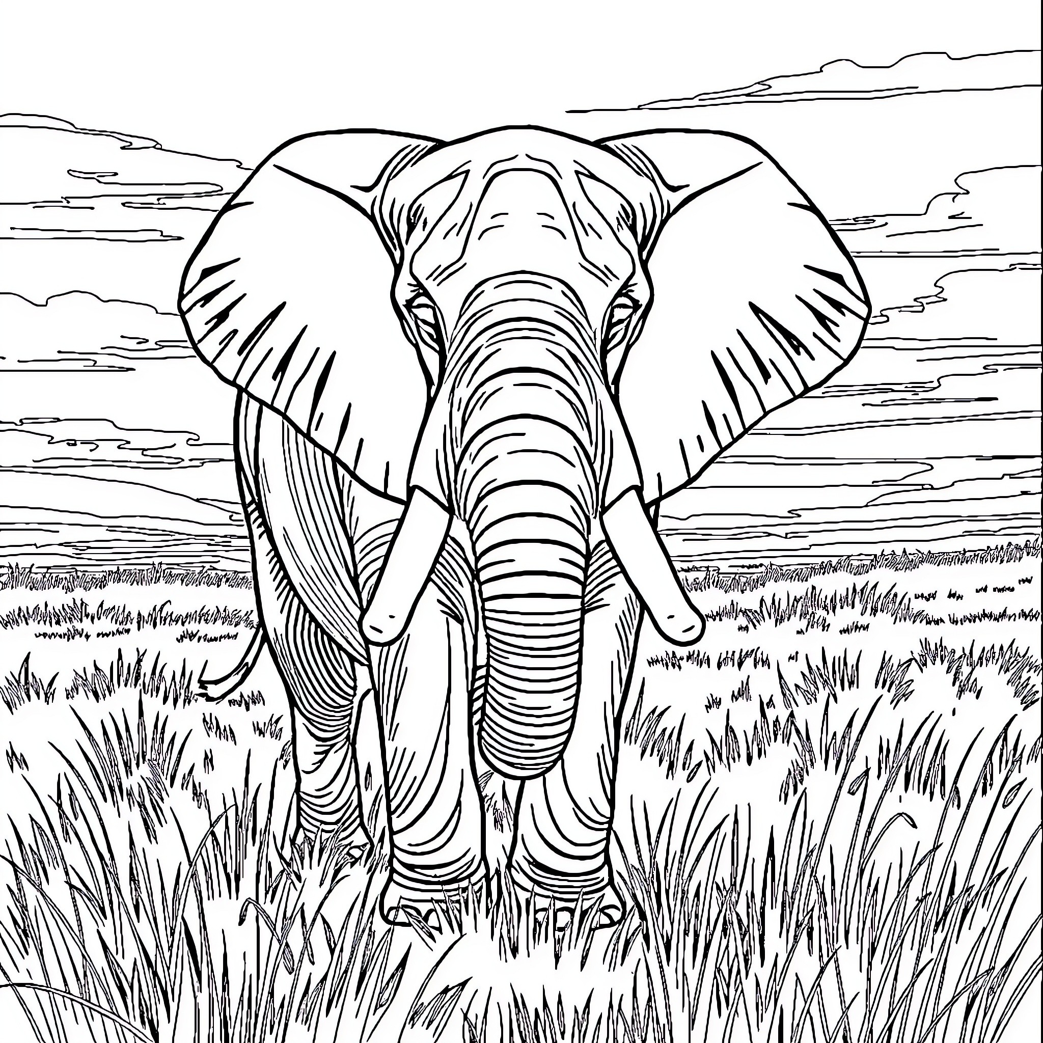 Elephant standing majestically in the grasslands Coloring Page (free black-and-white line drawing printable PDF for all, from beginners to advanced learners, including children, teens, adults, and seniors)