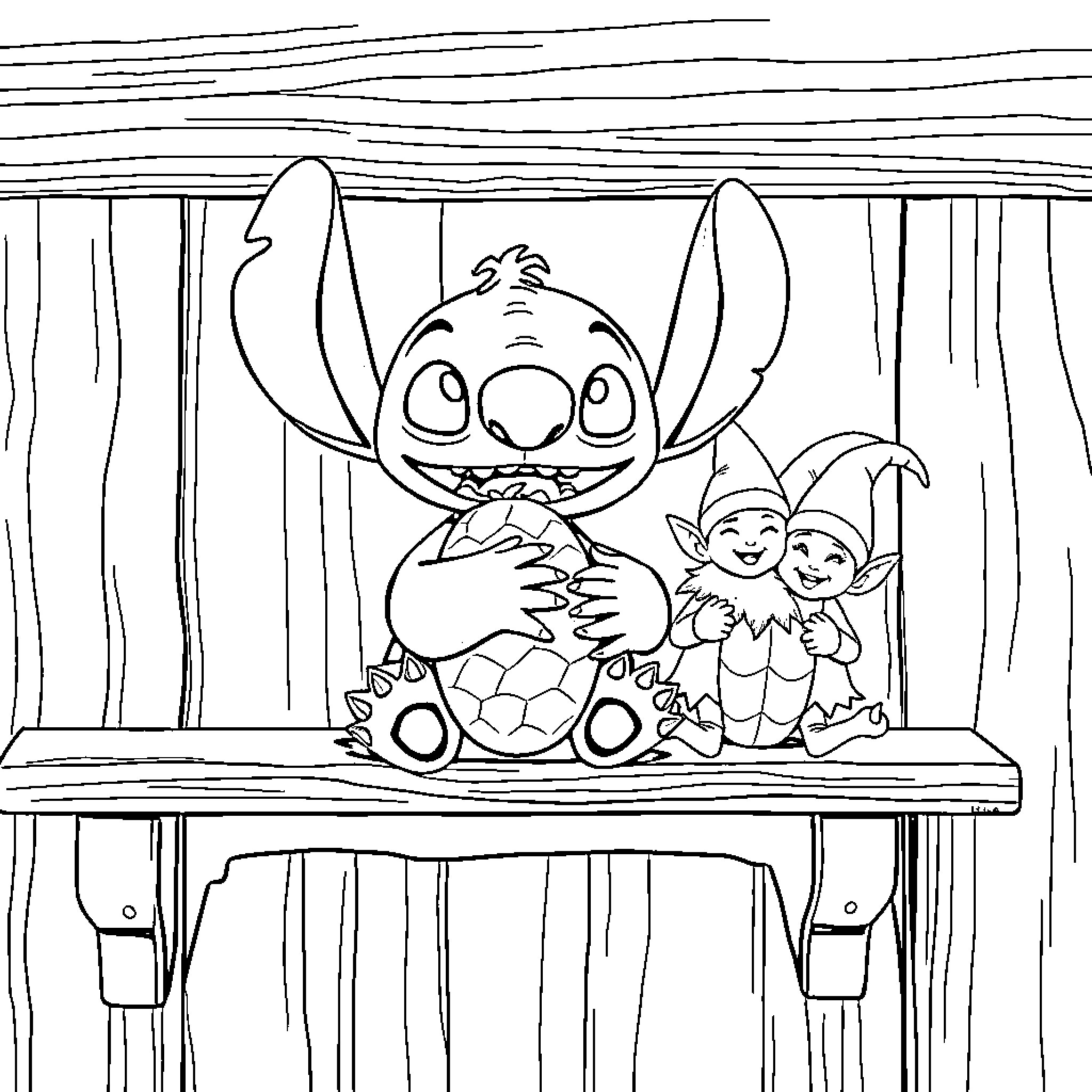 Stitch Playing with Elf and Toys on Shelf Coloring Page (free black-and-white line drawing printable PDF for all, from beginners to advanced learners, including children, teens, adults, and seniors)