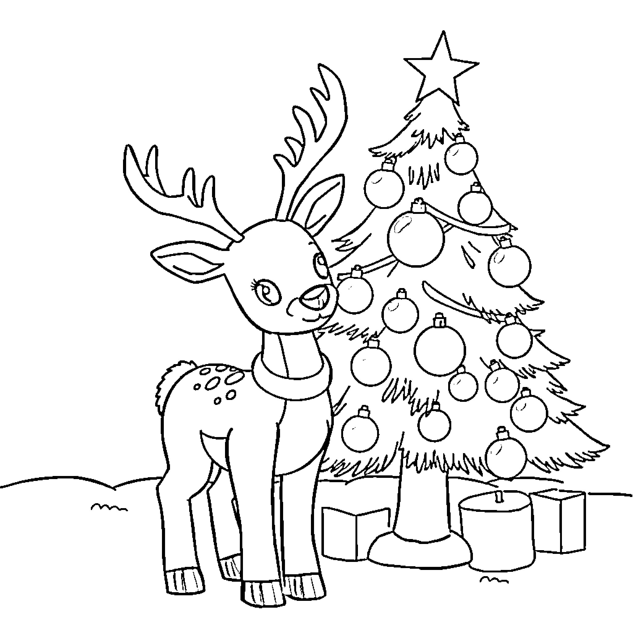Deer Decorating a Christmas Tree Coloring Page (free black-and-white line drawing printable PDF for all, from beginners to advanced learners, including children, teens, adults, and seniors)