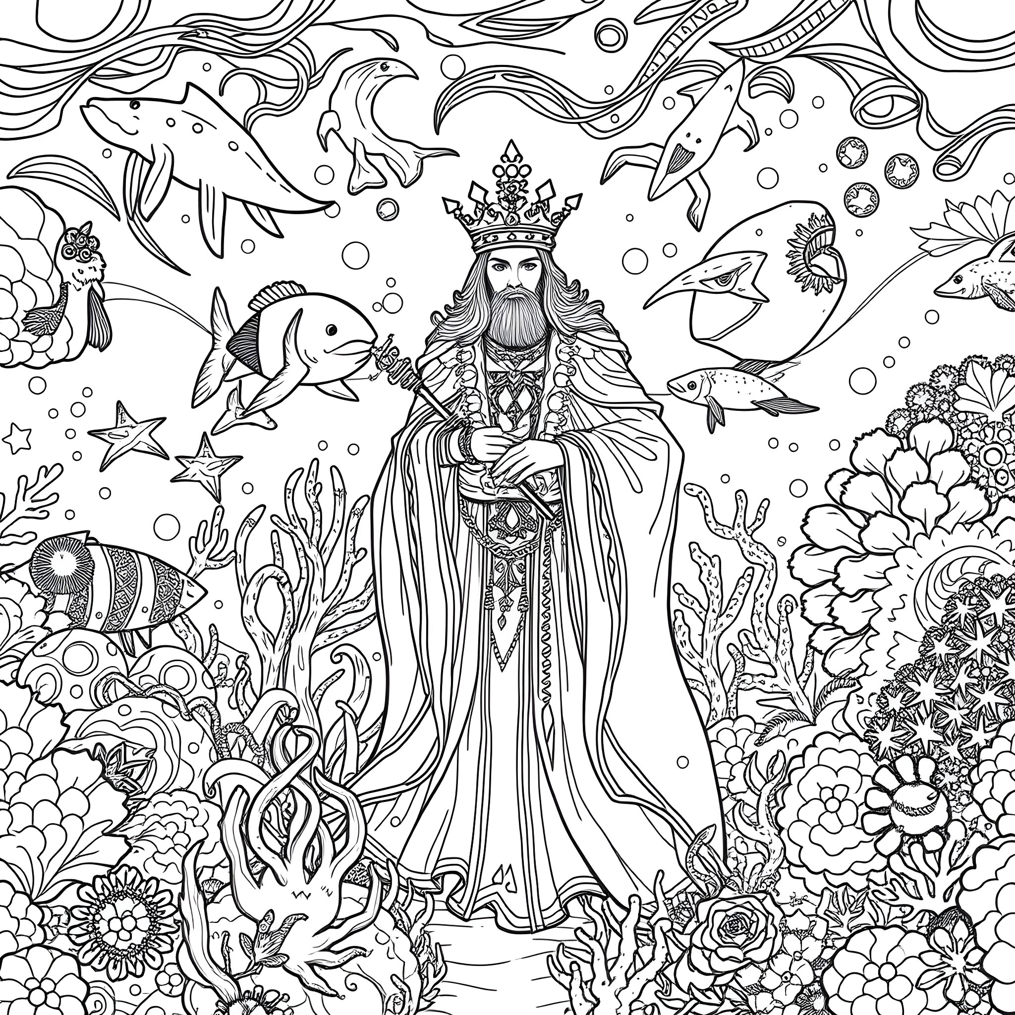 King of the Sea Coloring Page (free black-and-white line drawing printable PDF for all, from beginners to advanced learners, including children, teens, adults, and seniors)