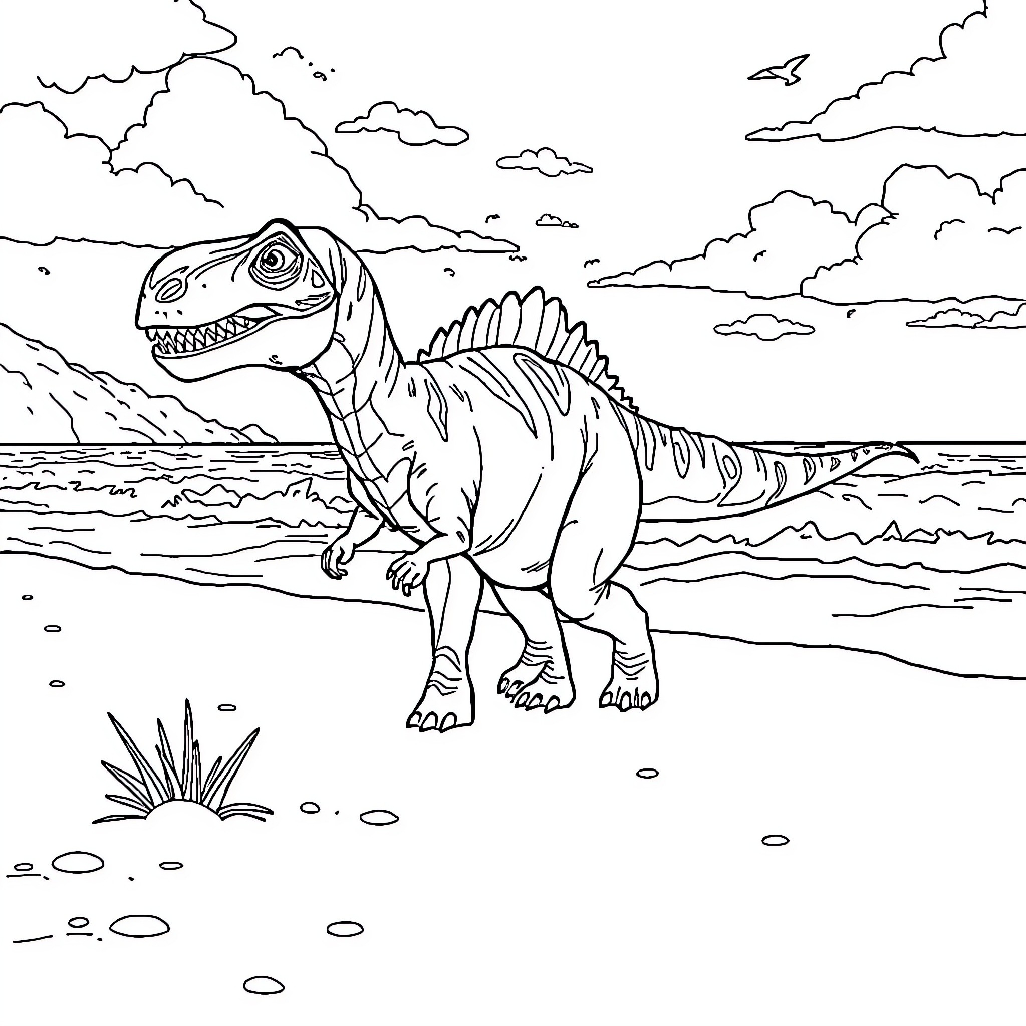 Dinosaur roaring on the beach Coloring Page (free black-and-white line drawing printable PDF for all, from beginners to advanced learners, including children, teens, adults, and seniors)