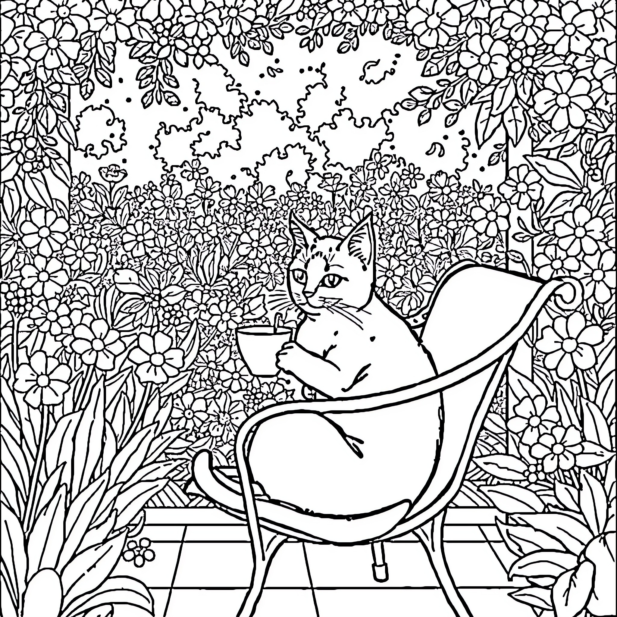 Cat resting comfortably in a garden of flowers Coloring Page (free black-and-white line drawing printable PDF for all, from beginners to advanced learners, including children, teens, adults, and seniors)