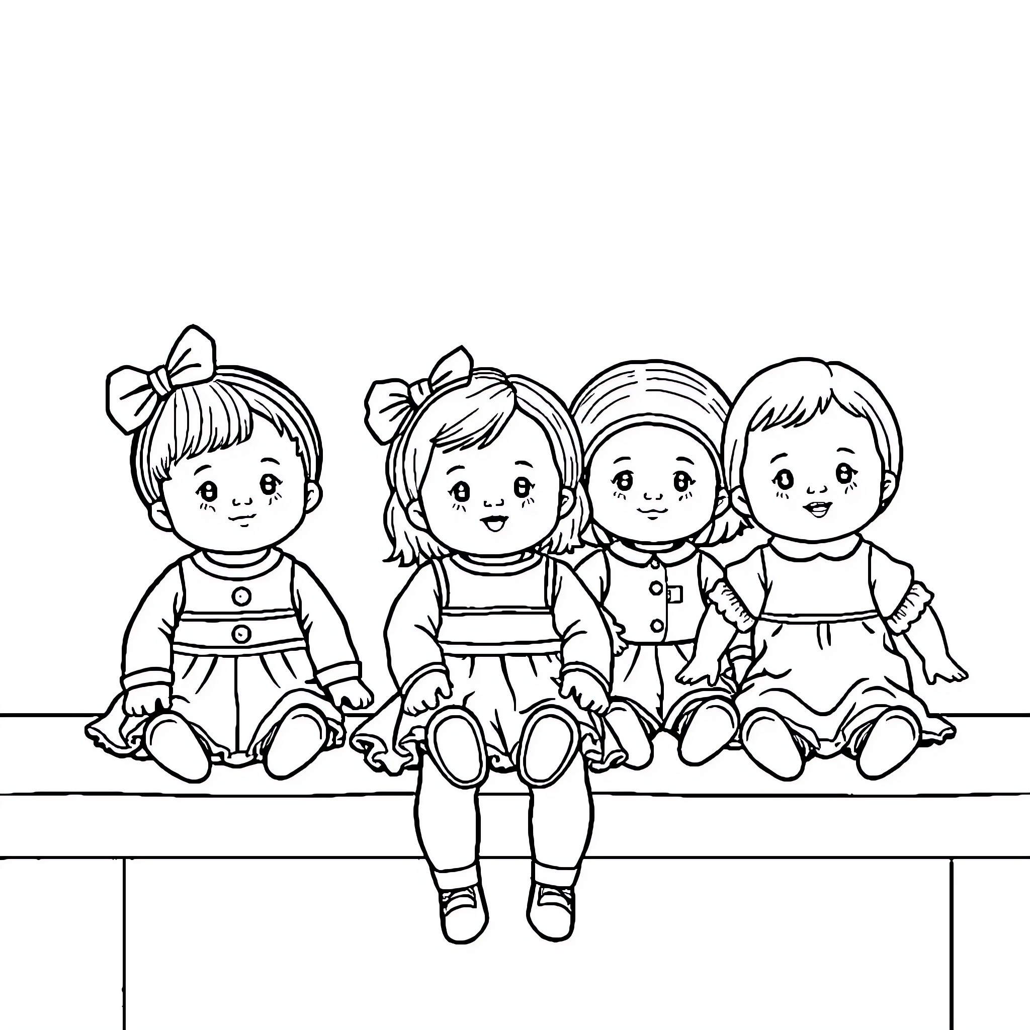 Dolls in Matching Outfits Seated Together Coloring Page (free black-and-white line drawing printable PDF for all, from beginners to advanced learners, including children, teens, adults, and seniors)
