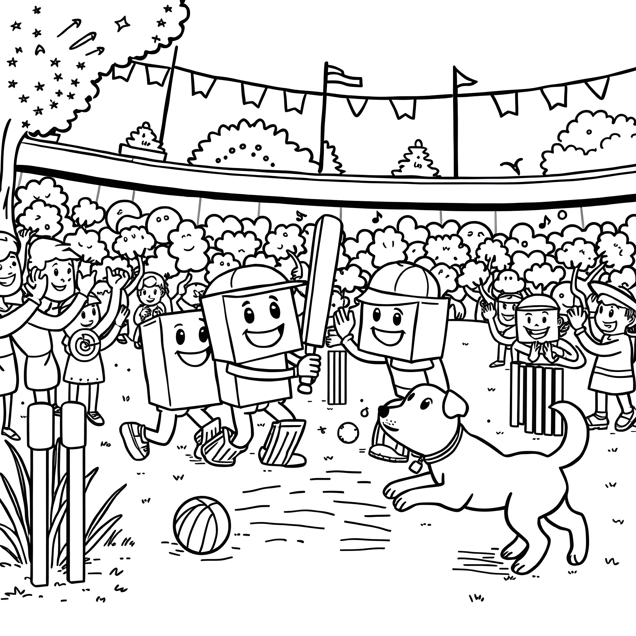 Number Block Characters Playing Cricket in the Park Coloring Page (free black-and-white line drawing printable PDF for all, from beginners to advanced learners, including children, teens, adults, and seniors)