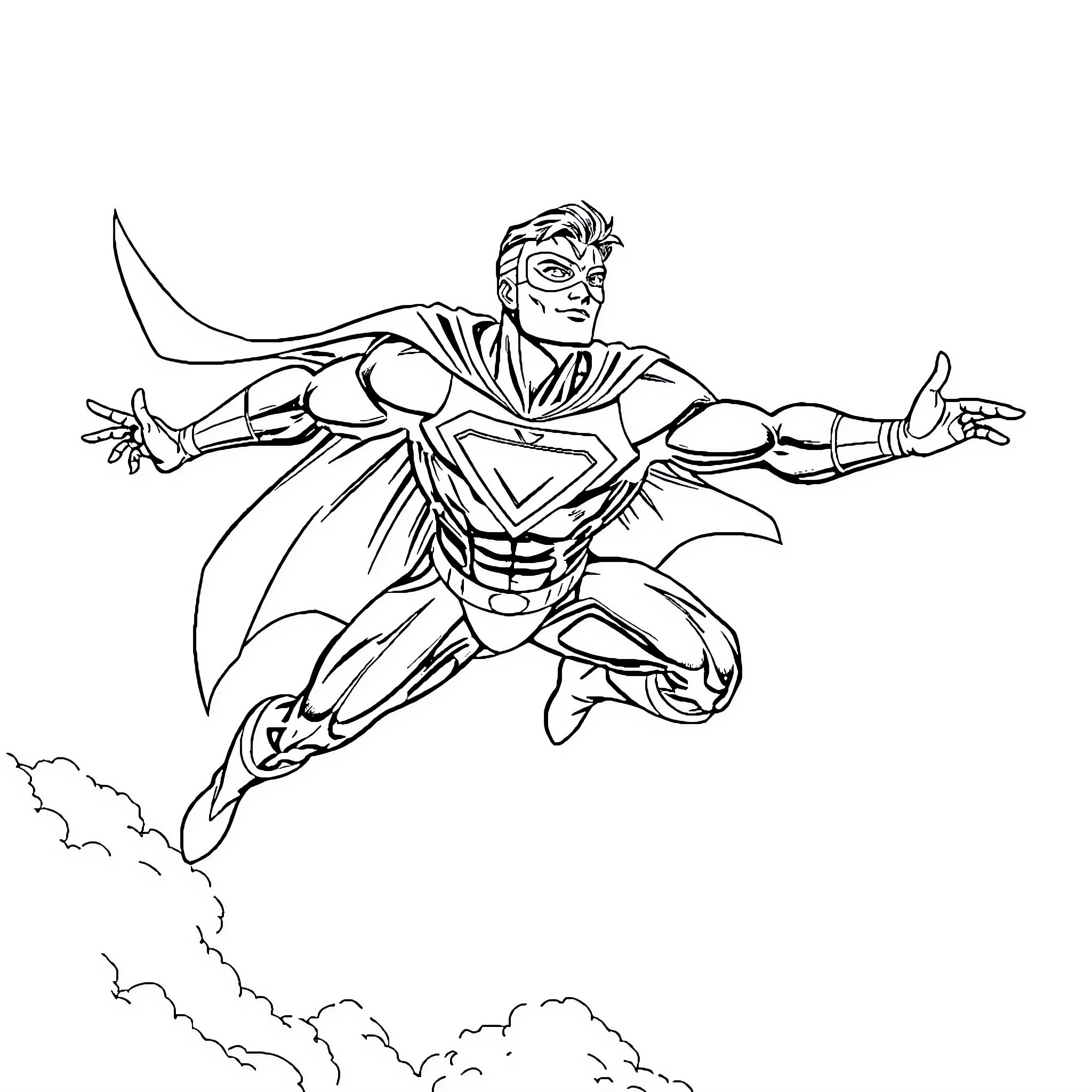 Booster Gold soaring through the skies in action Coloring Page (free black-and-white line drawing printable PDF for all, from beginners to advanced learners, including children, teens, adults, and seniors)