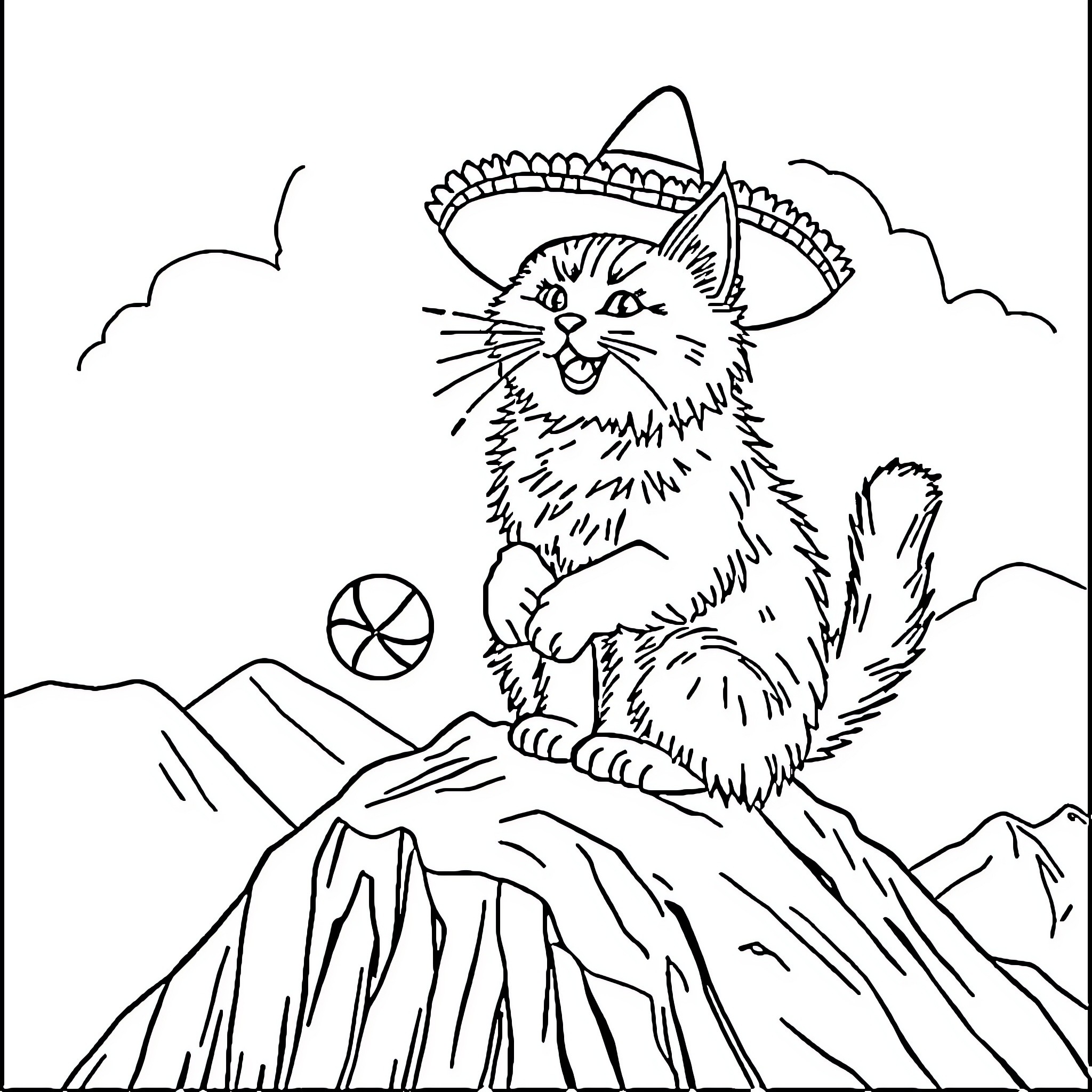 Cat wearing sombrero playing with ball on mountain Coloring Page (free black-and-white line drawing printable PDF for all, from beginners to advanced learners, including children, teens, adults, and seniors)