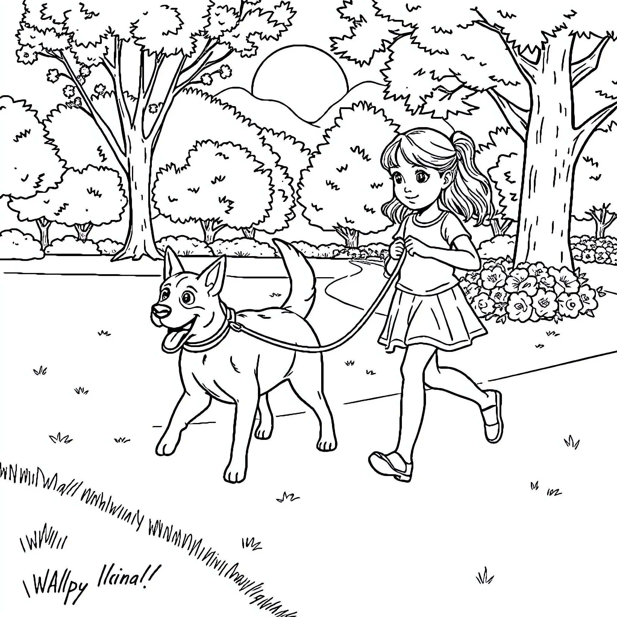 Dog and Girl Exploring the Scenic Outdoors Coloring Page (free black-and-white line drawing printable PDF for all, from beginners to advanced learners, including children, teens, adults, and seniors)