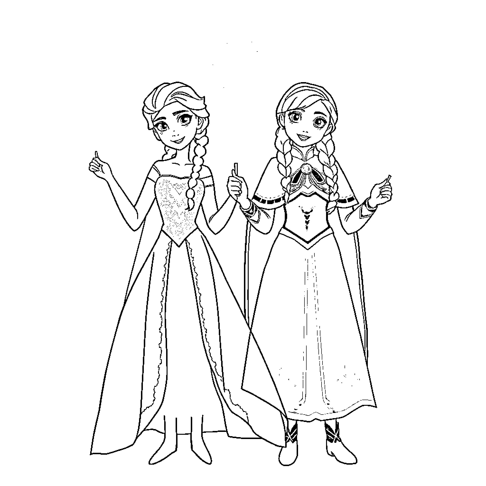 Elsa and Anna in formal dresses Coloring Page (free black-and-white line drawing printable PDF for all, from beginners to advanced learners, including children, teens, adults, and seniors)