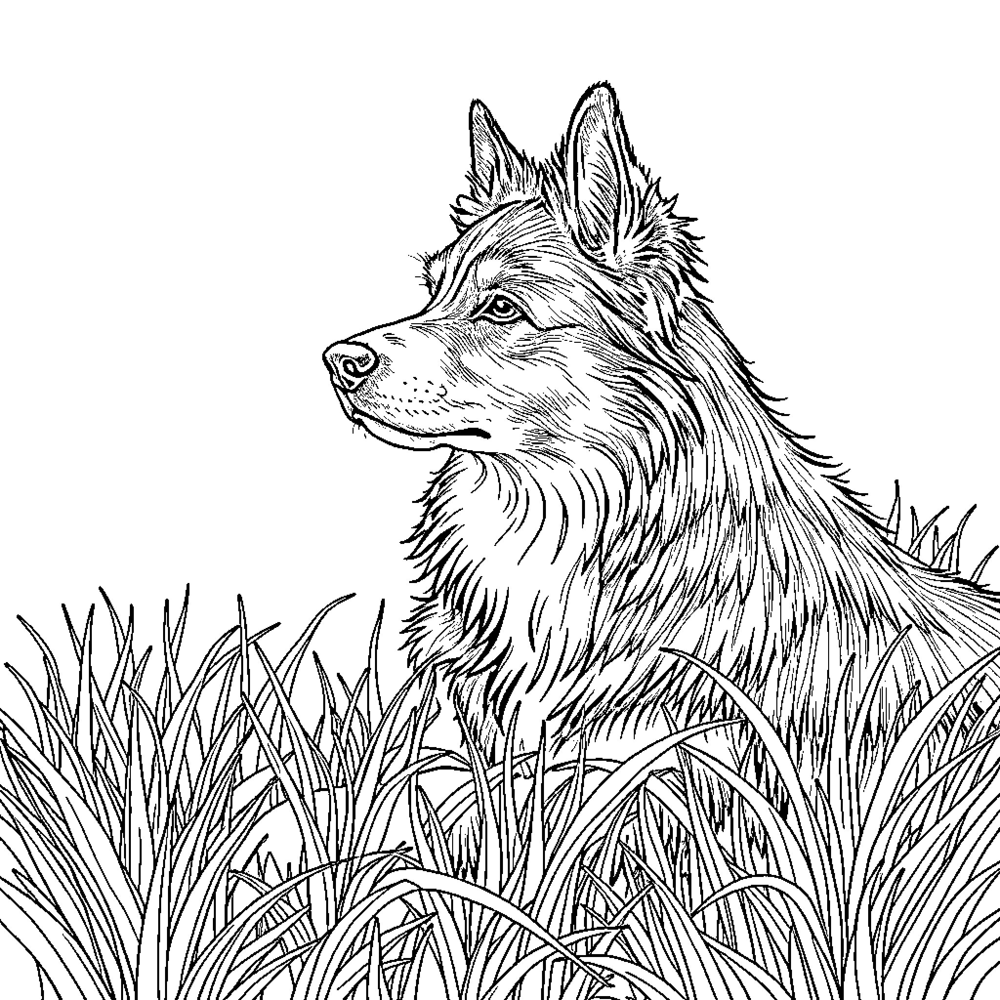 Shetland Dog observing nature in lush grass Coloring Page (free black-and-white line drawing printable PDF for all, from beginners to advanced learners, including children, teens, adults, and seniors)