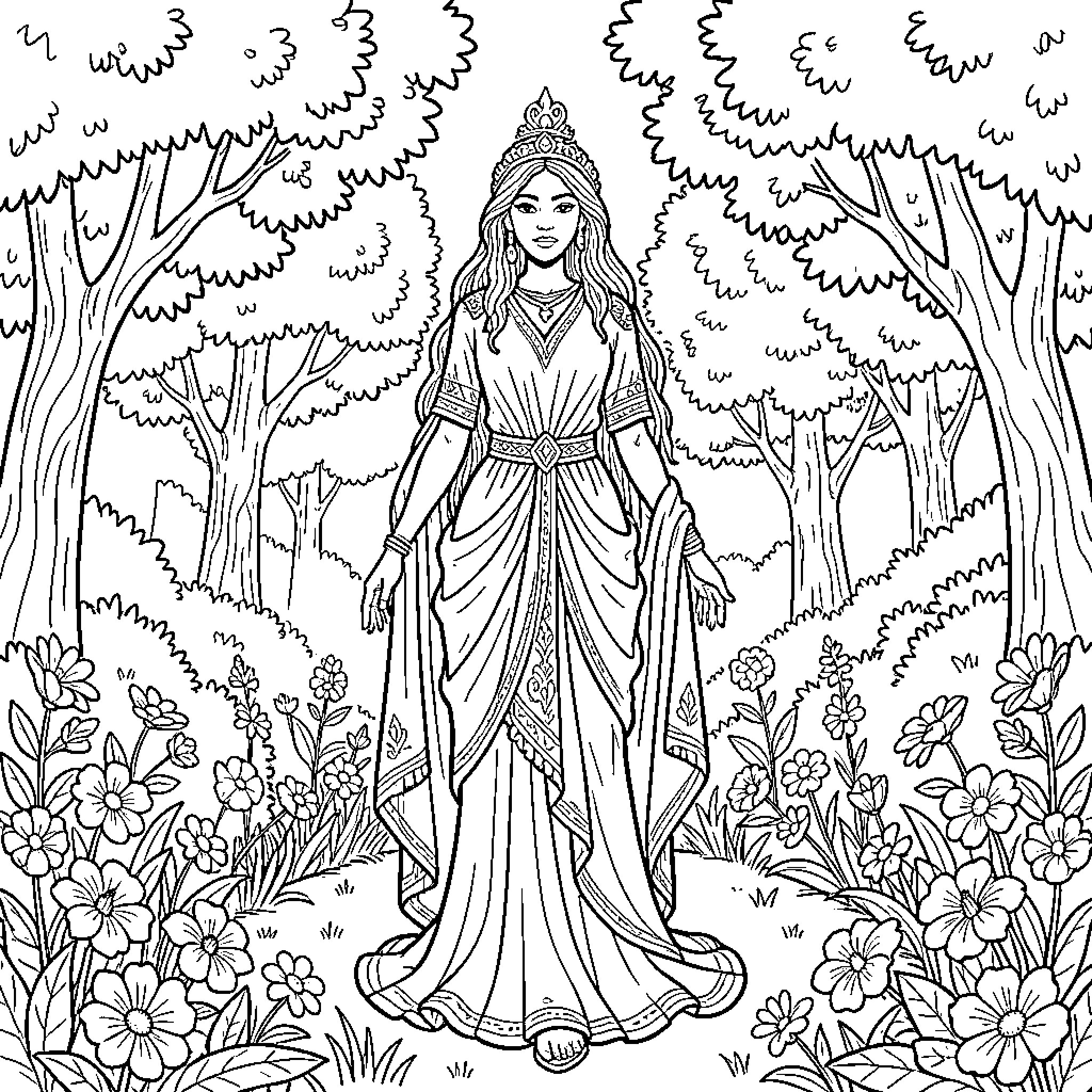 Goddess of the Enchanted Forest Coloring Page (free black-and-white line drawing printable PDF for all, from beginners to advanced learners, including children, teens, adults, and seniors)