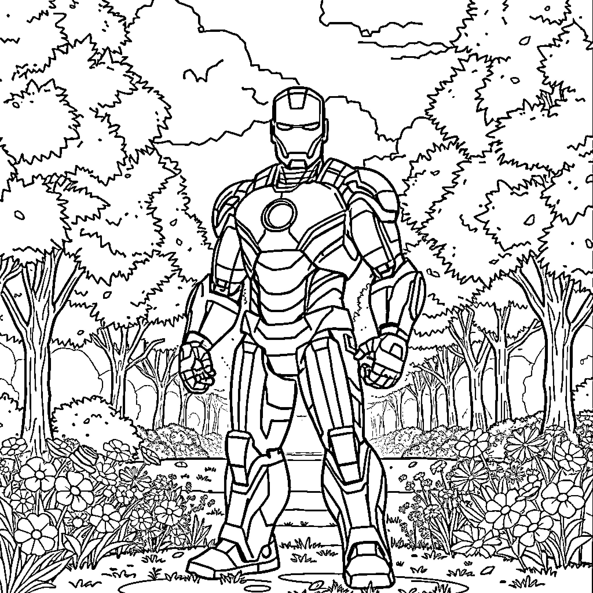 Iron Man standing heroically in the forest Coloring Page (free black-and-white line drawing printable PDF for all, from beginners to advanced learners, including children, teens, adults, and seniors)
