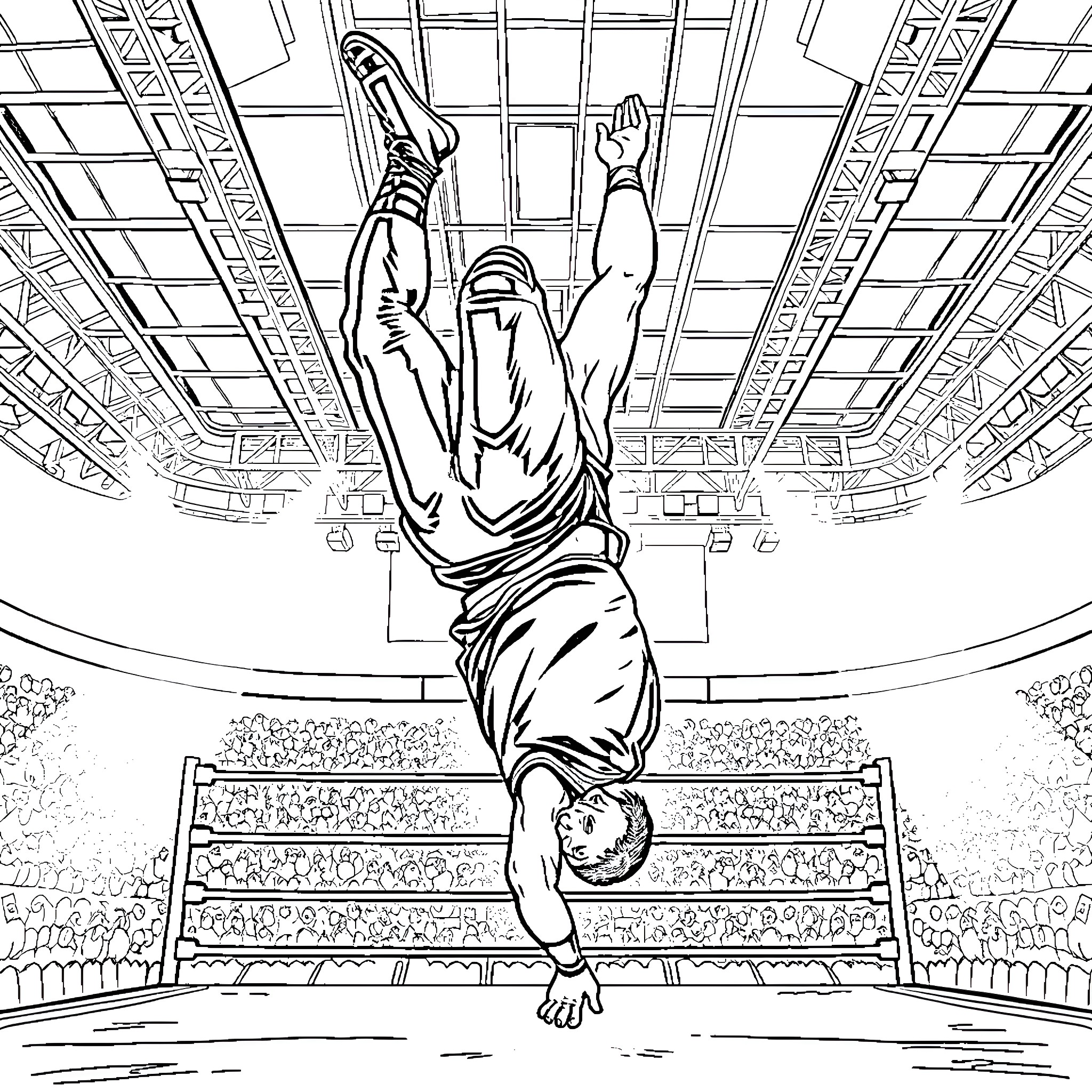 John Cena Performing High-Flying Stunt in Wrestling Arena Coloring Page (free black-and-white line drawing printable PDF for all, from beginners to advanced learners, including children, teens, adults, and seniors)
