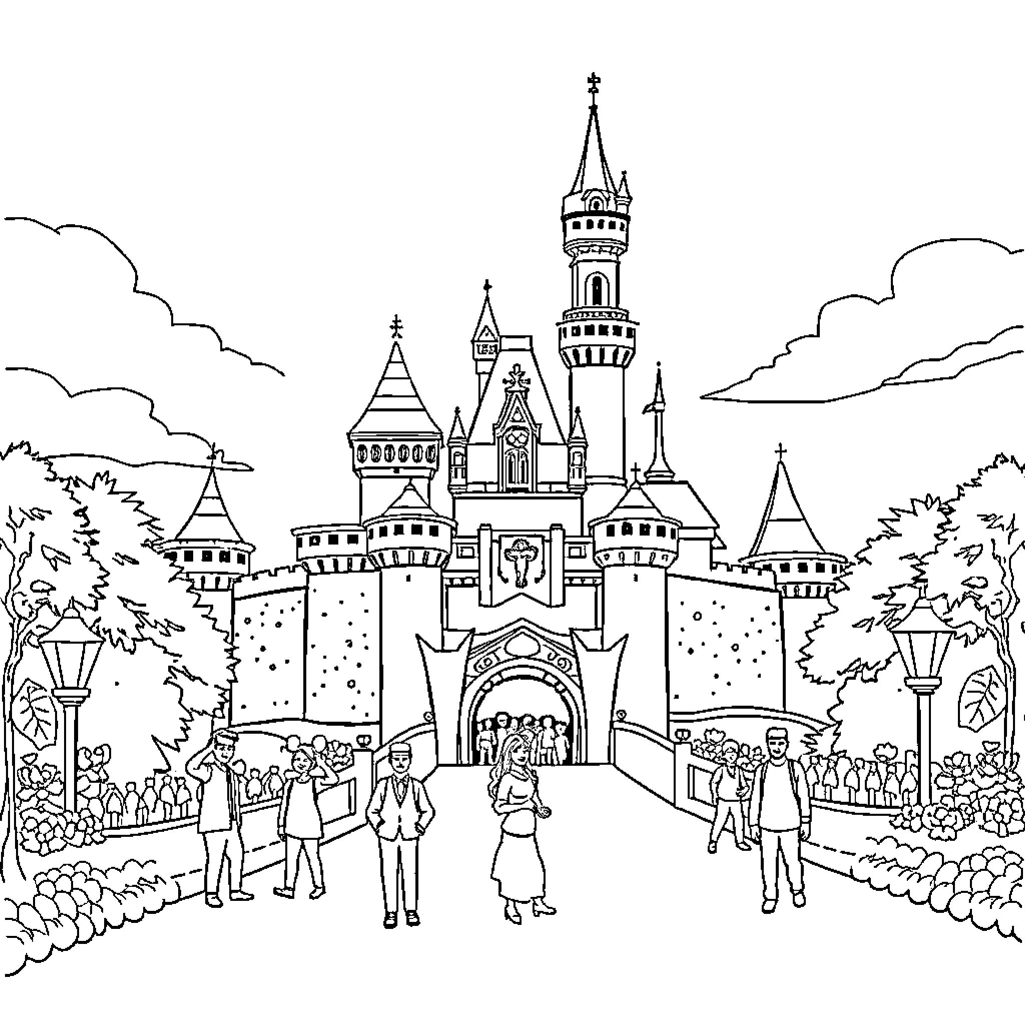 Disney castle with people in front Coloring Page (free black-and-white line drawing printable PDF for all, from beginners to advanced learners, including children, teens, adults, and seniors)