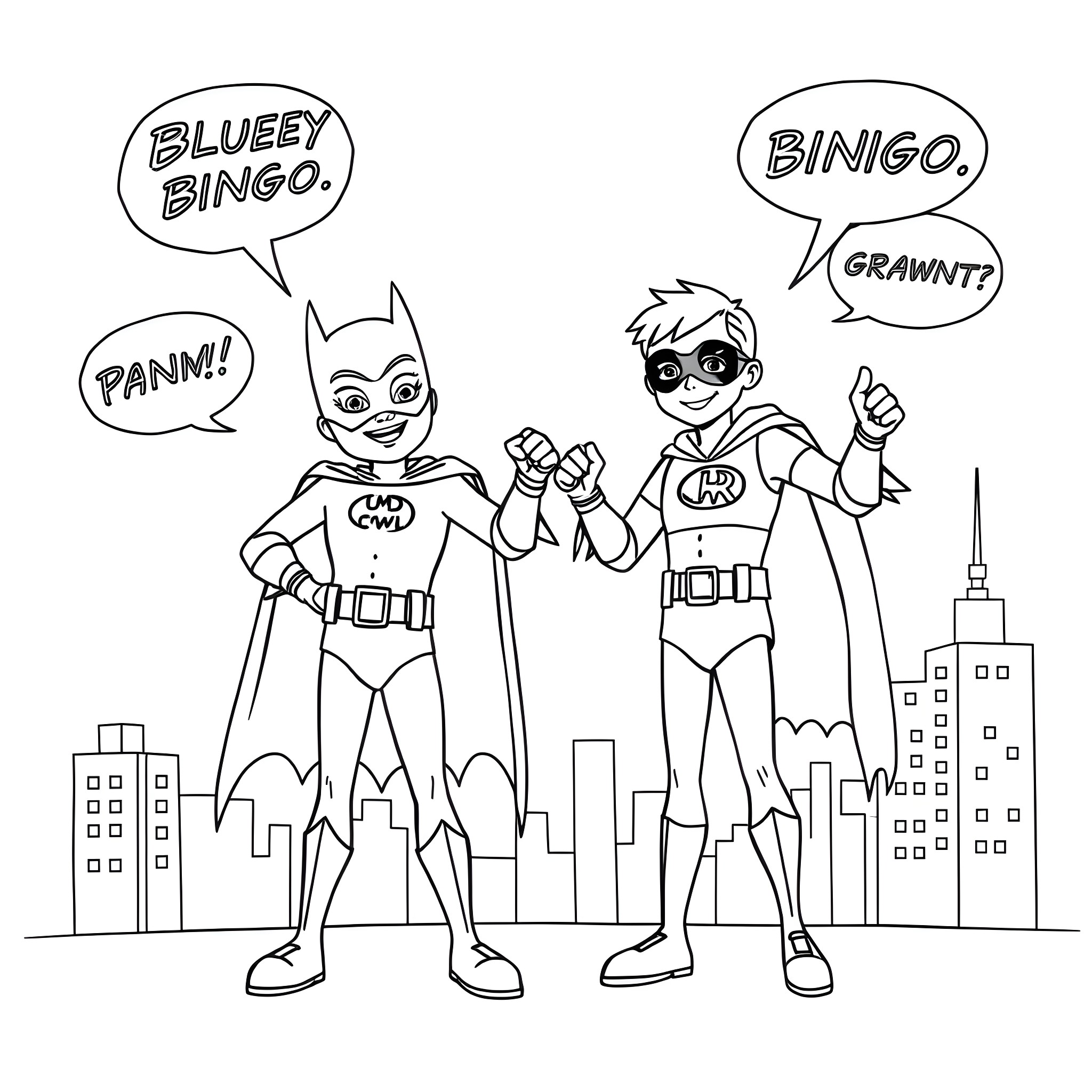 Bluey and friends engage in superhero banter Coloring Page (free black-and-white line drawing printable PDF for all, from beginners to advanced learners, including children, teens, adults, and seniors)