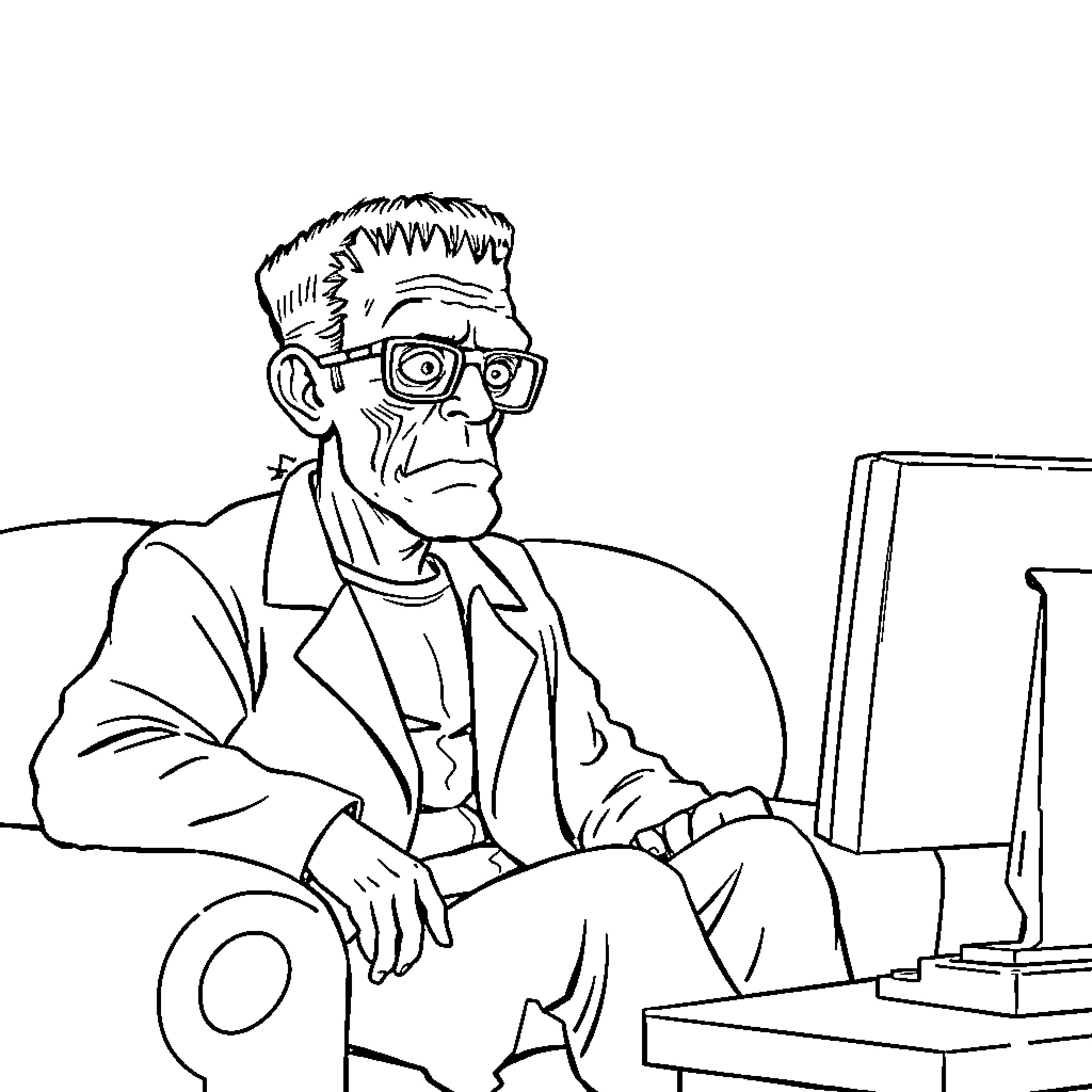 Frankenstein scientist at his desk contemplating Coloring Page (free black-and-white line drawing printable PDF for all, from beginners to advanced learners, including children, teens, adults, and seniors)
