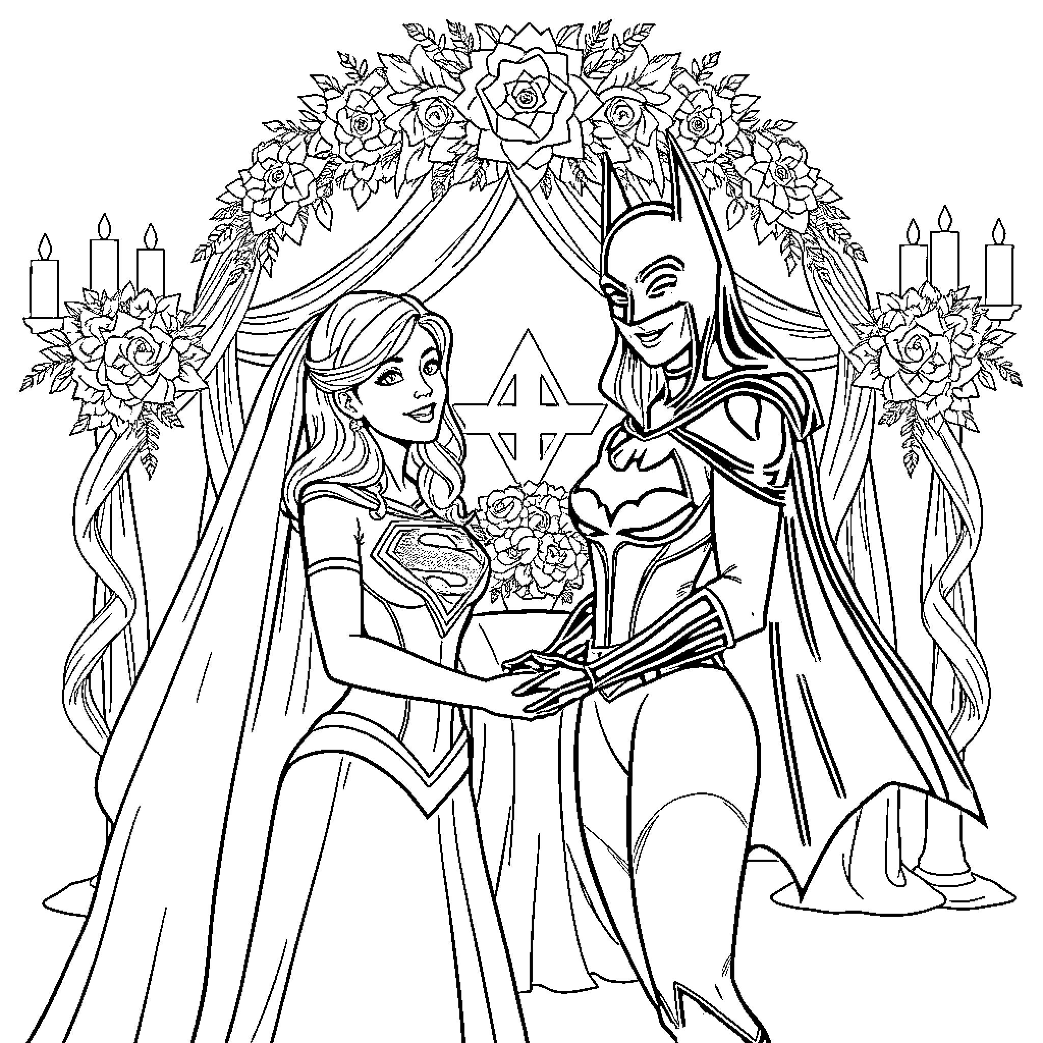 Supergirl and Supervillain in Floral Wedding Scene Coloring Page (free black-and-white line drawing printable PDF for all, from beginners to advanced learners, including children, teens, adults, and seniors)