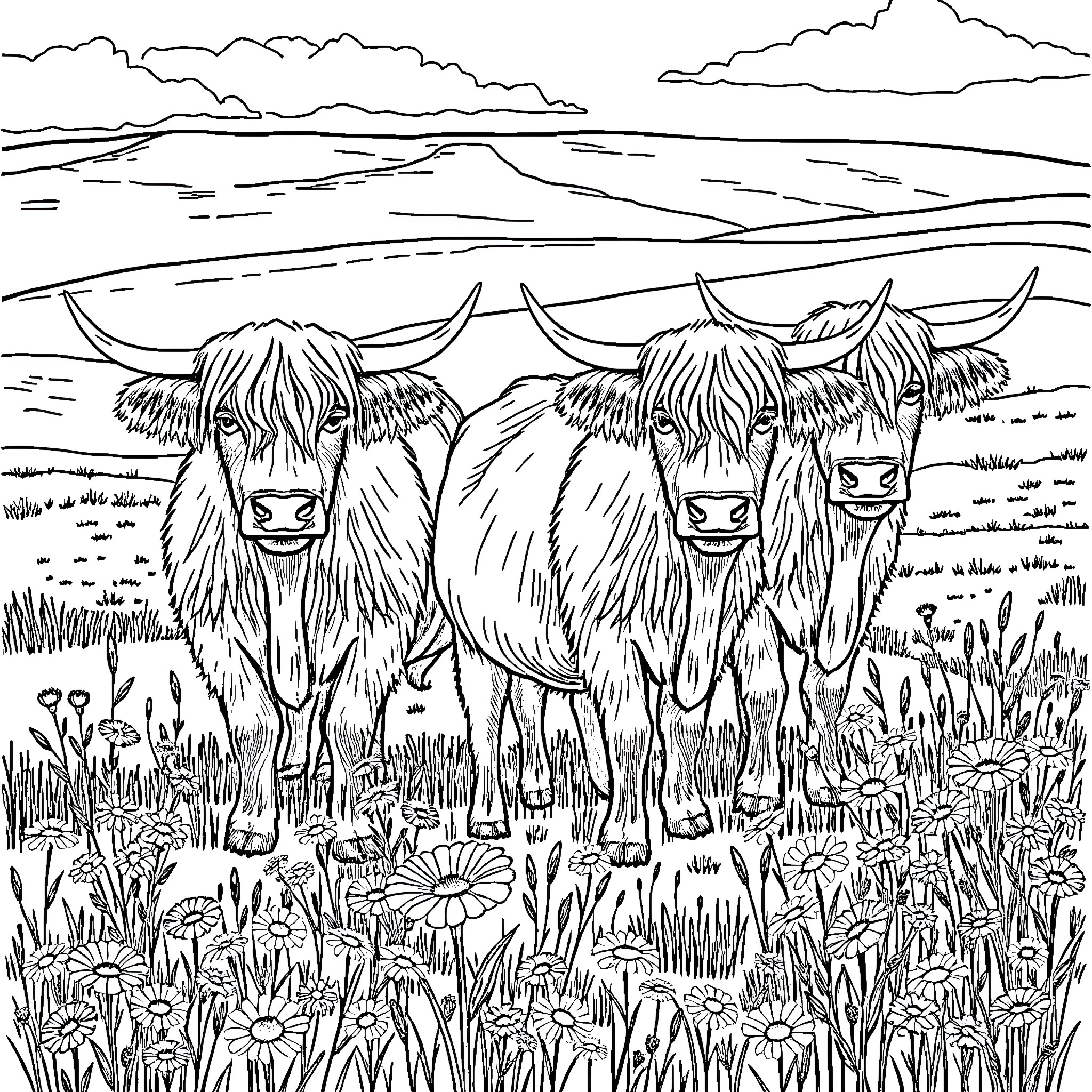 Highland Cows grazing in a lush meadow Coloring Page (free black-and-white line drawing printable PDF for all, from beginners to advanced learners, including children, teens, adults, and seniors)