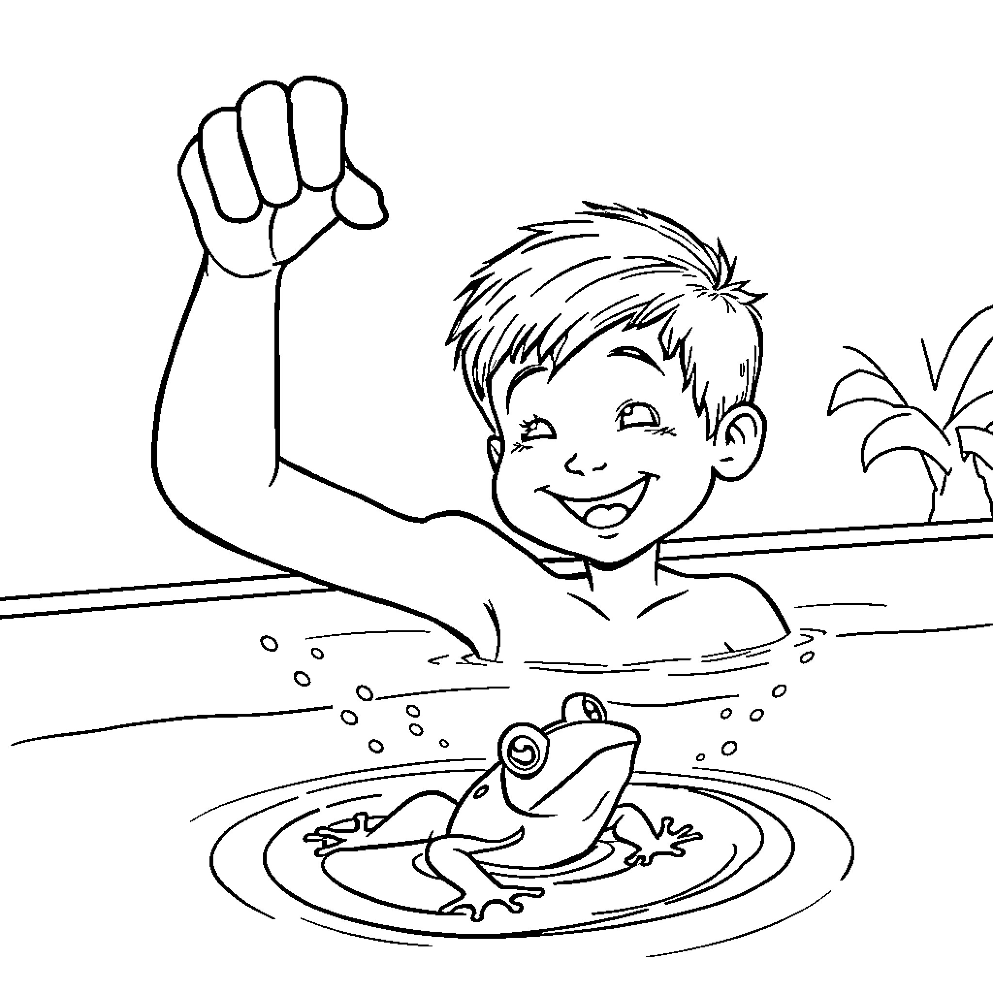 Boy swimming and playing with frog in pond Coloring Page (free black-and-white line drawing printable PDF for all, from beginners to advanced learners, including children, teens, adults, and seniors)
