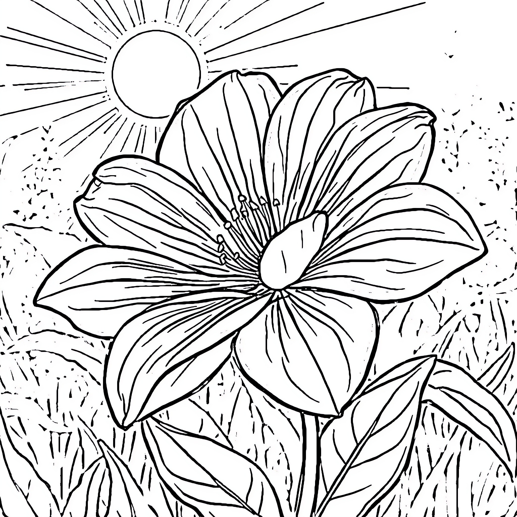 Bunga flower blooming under the sun Coloring Page (free black-and-white line drawing printable PDF for all, from beginners to advanced learners, including children, teens, adults, and seniors)