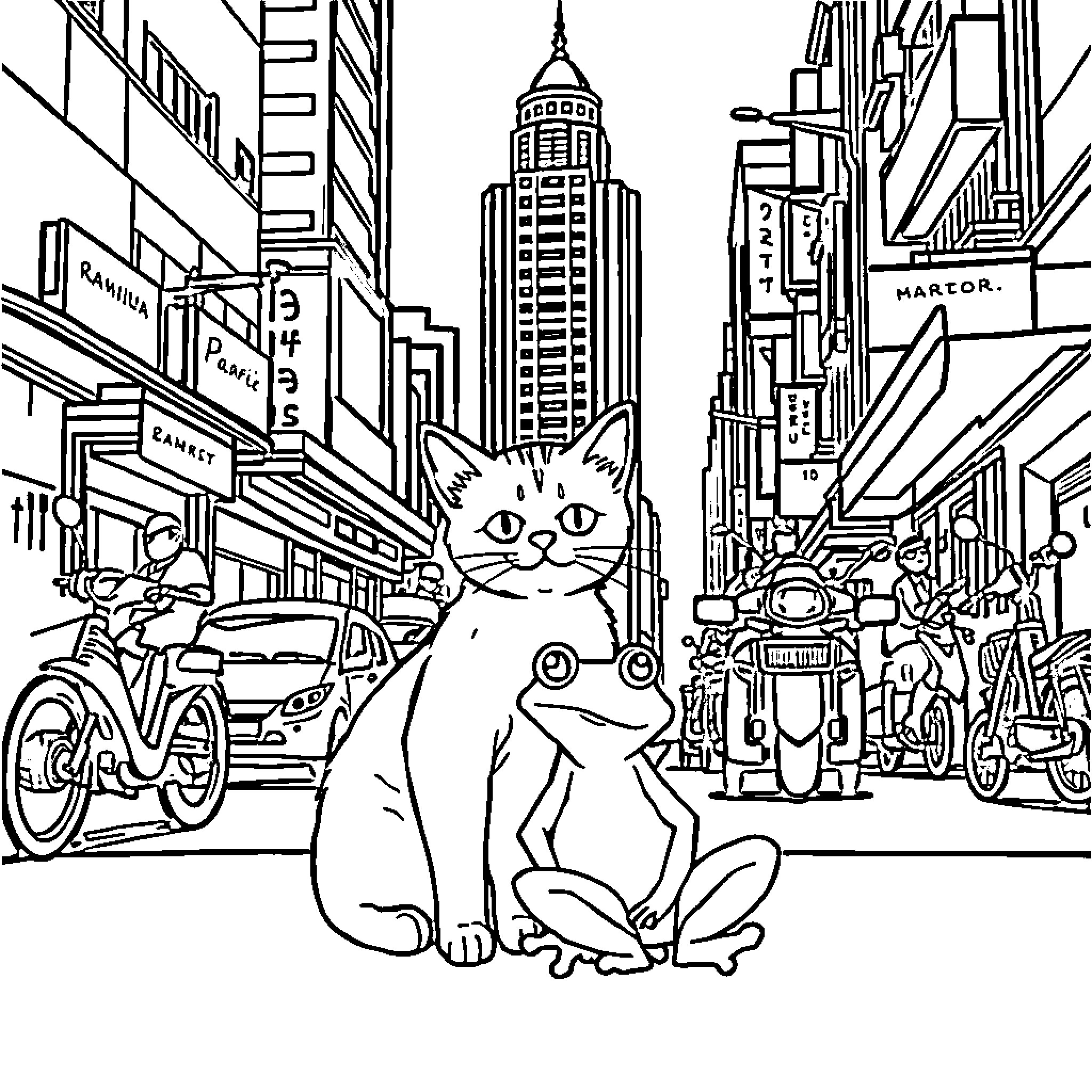 Cat Exploring Lively City Street Coloring Page (free black-and-white line drawing printable PDF for all, from beginners to advanced learners, including children, teens, adults, and seniors)