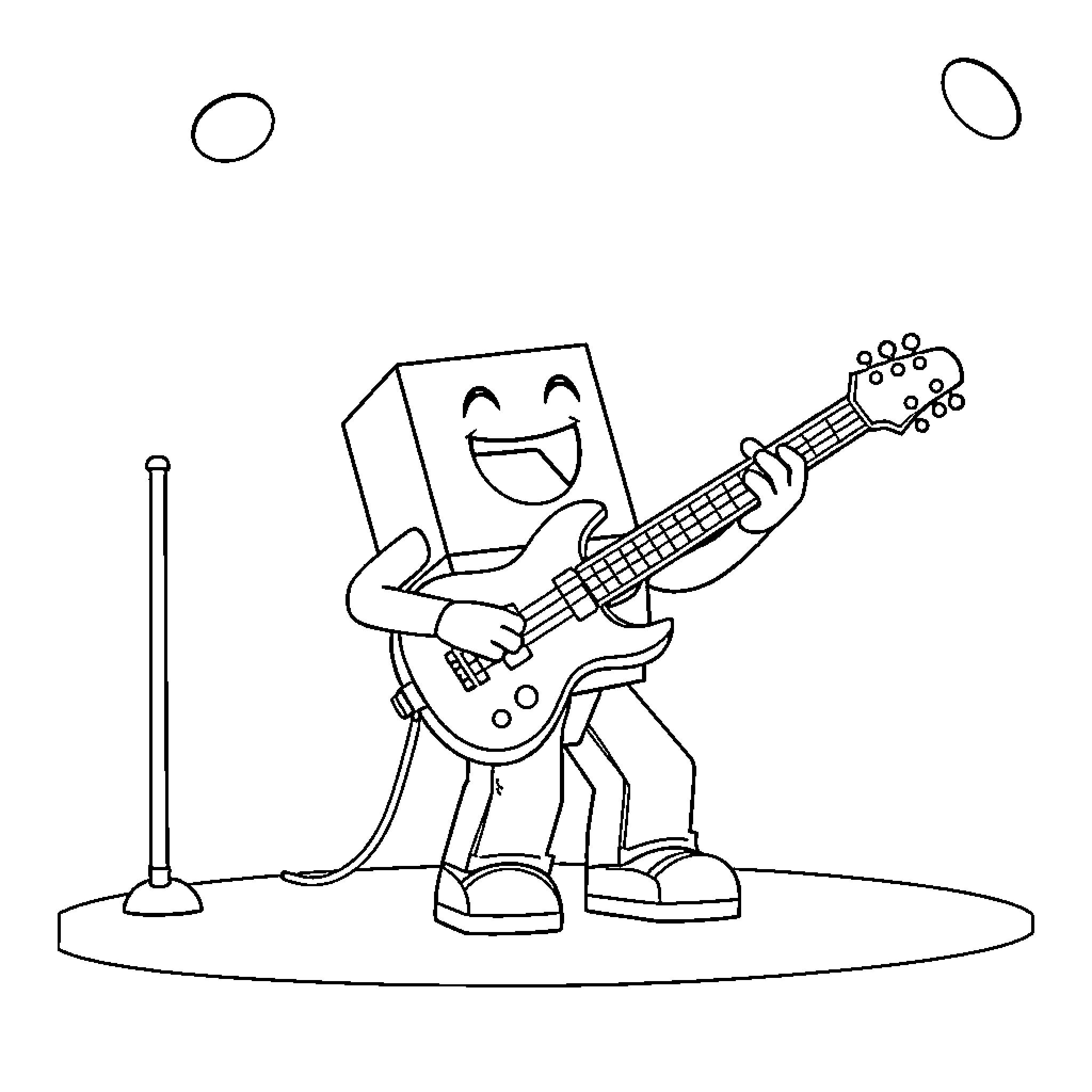 Numberblock playing guitar on stage Coloring Page (free black-and-white line drawing printable PDF for all, from beginners to advanced learners, including children, teens, adults, and seniors)