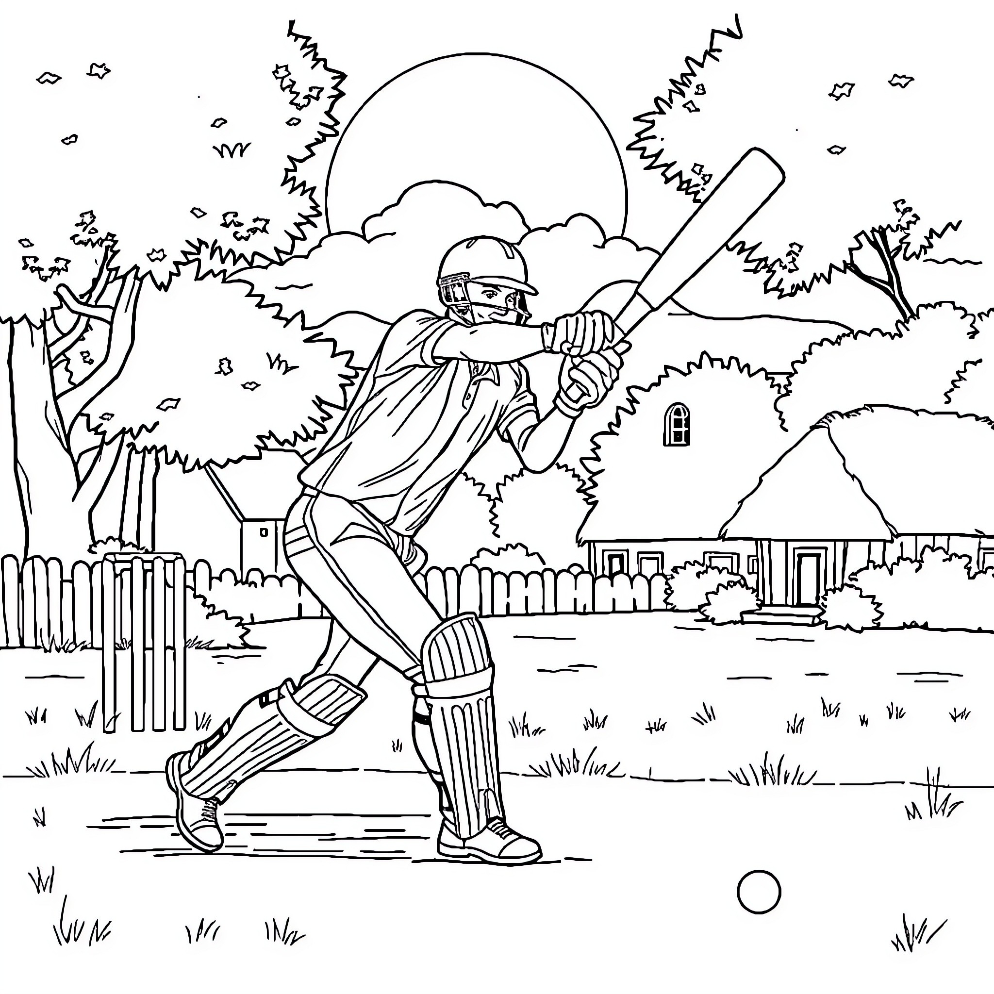 Cricket player in action on the field Coloring Page (free black-and-white line drawing printable PDF for all, from beginners to advanced learners, including children, teens, adults, and seniors)