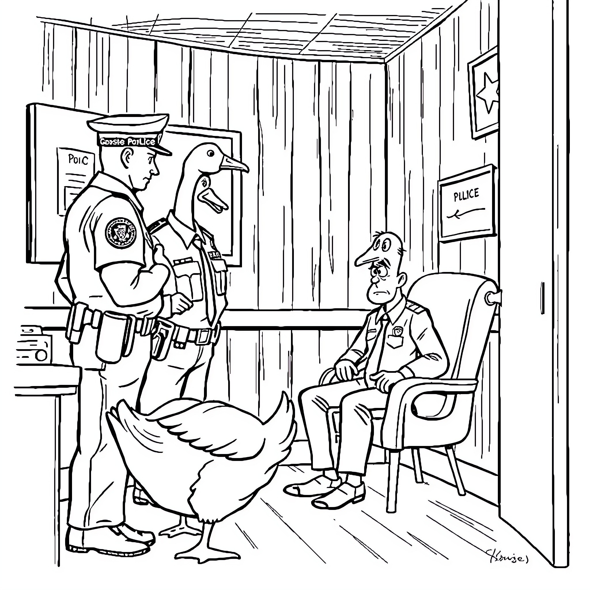 Goose interacting with police officers at a police station Coloring Page (free black-and-white line drawing printable PDF for all, from beginners to advanced learners, including children, teens, adults, and seniors)