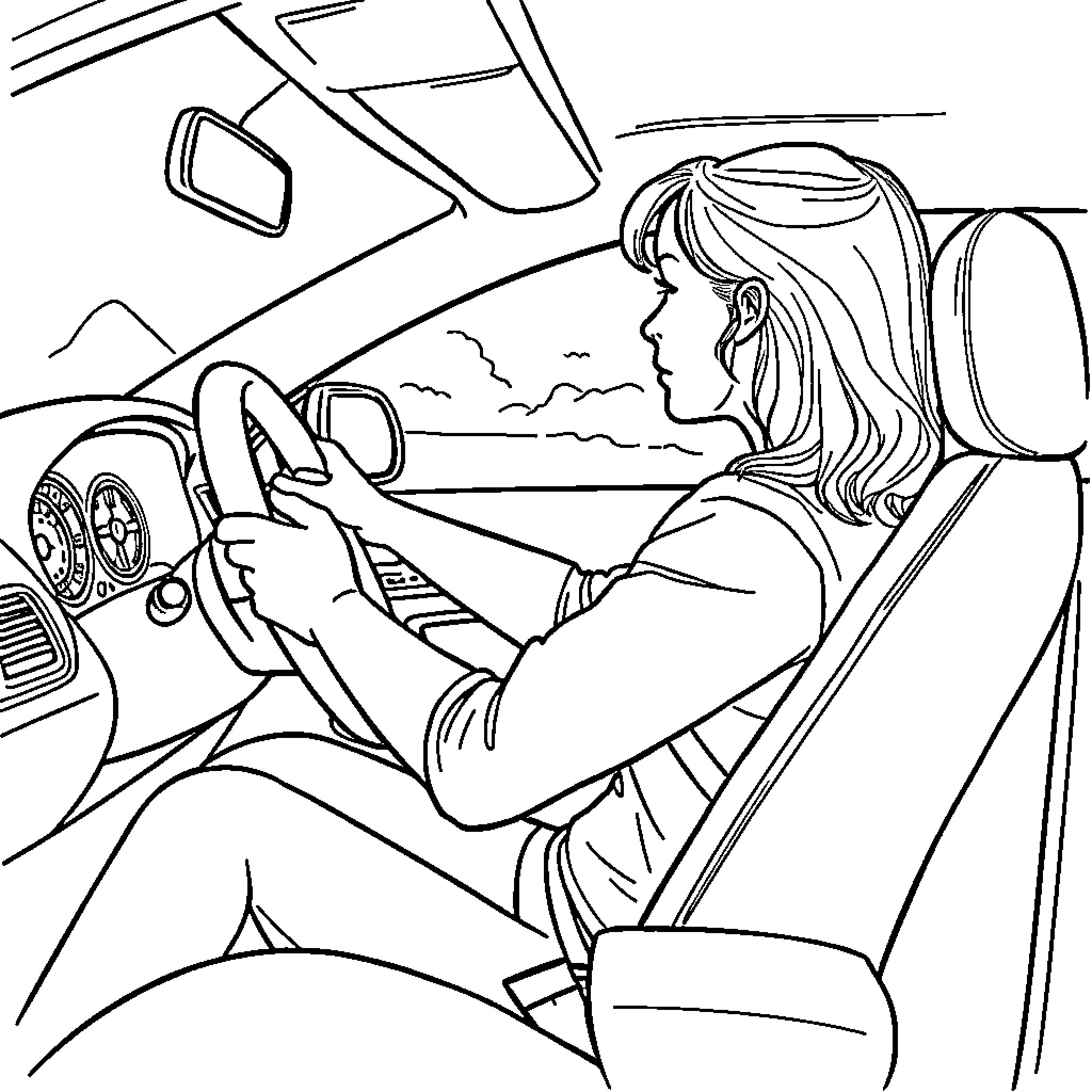 Person driving a car on the road Coloring Page (free black-and-white line drawing printable PDF for all, from beginners to advanced learners, including children, teens, adults, and seniors)