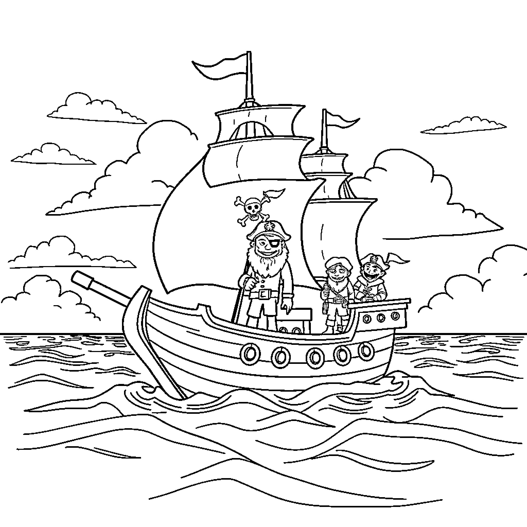 Pirate Ship Sailing on the High Seas Coloring Page (free black-and-white line drawing printable PDF for all, from beginners to advanced learners, including children, teens, adults, and seniors)