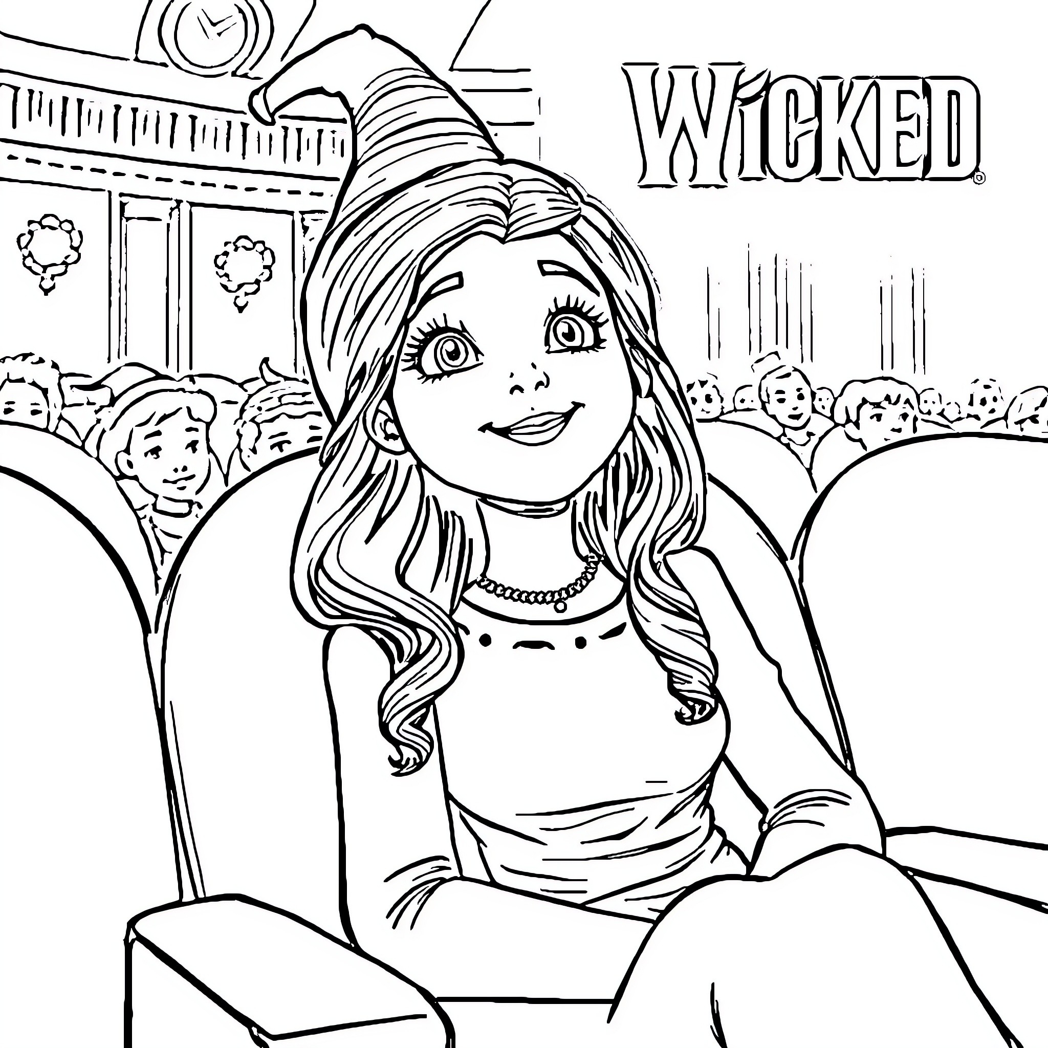 Girl attends a theatrical performance with enthusiasm Coloring Page (free black-and-white line drawing printable PDF for all, from beginners to advanced learners, including children, teens, adults, and seniors)