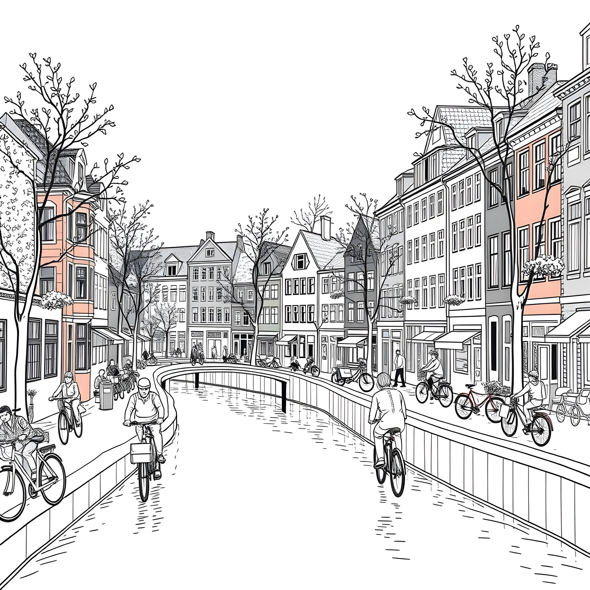 Bicycle riders enjoying a scenic city canal Coloring Page (free black-and-white line drawing printable PDF for all, from beginners to advanced learners, including children, teens, adults, and seniors)