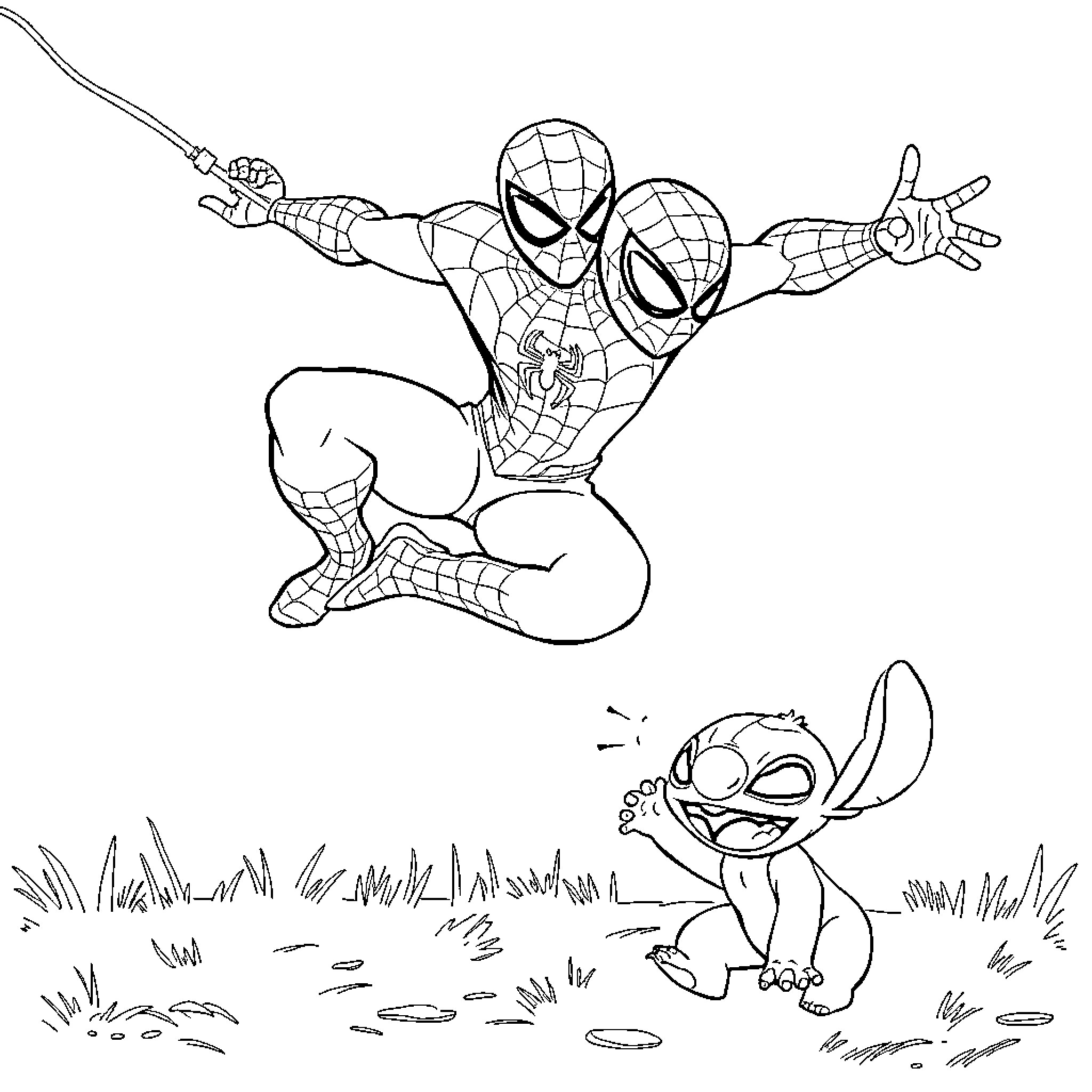Spiderman leaping into action with Stitch nearby Coloring Page (free black-and-white line drawing printable PDF for all, from beginners to advanced learners, including children, teens, adults, and seniors)