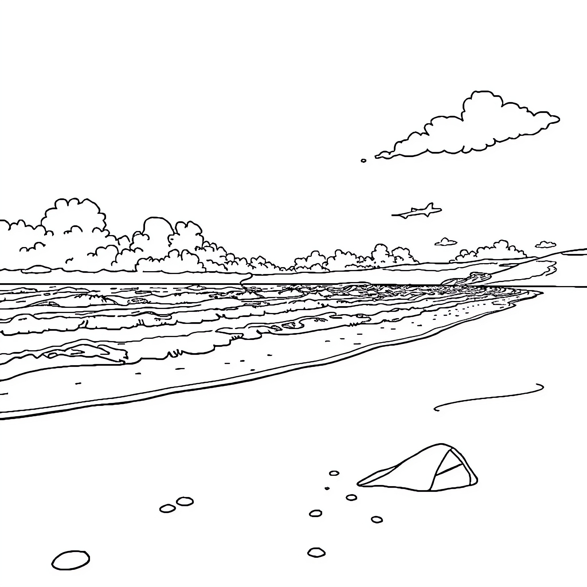 Response to a beach landscape scene Coloring Page (free black-and-white line drawing printable PDF for all, from beginners to advanced learners, including children, teens, adults, and seniors)