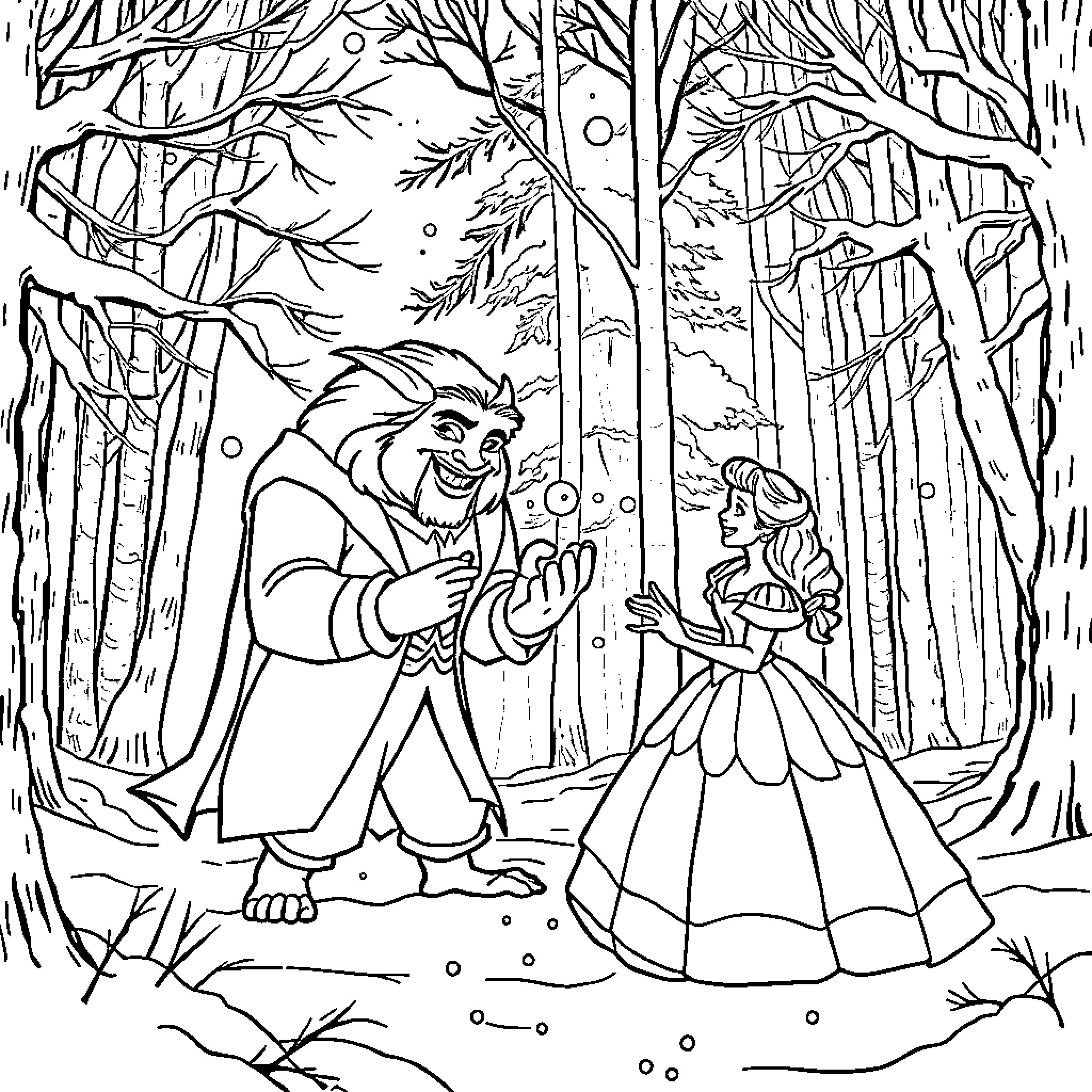 Belle encounters the Beast in the snowy forest Coloring Page (free black-and-white line drawing printable PDF for all, from beginners to advanced learners, including children, teens, adults, and seniors)