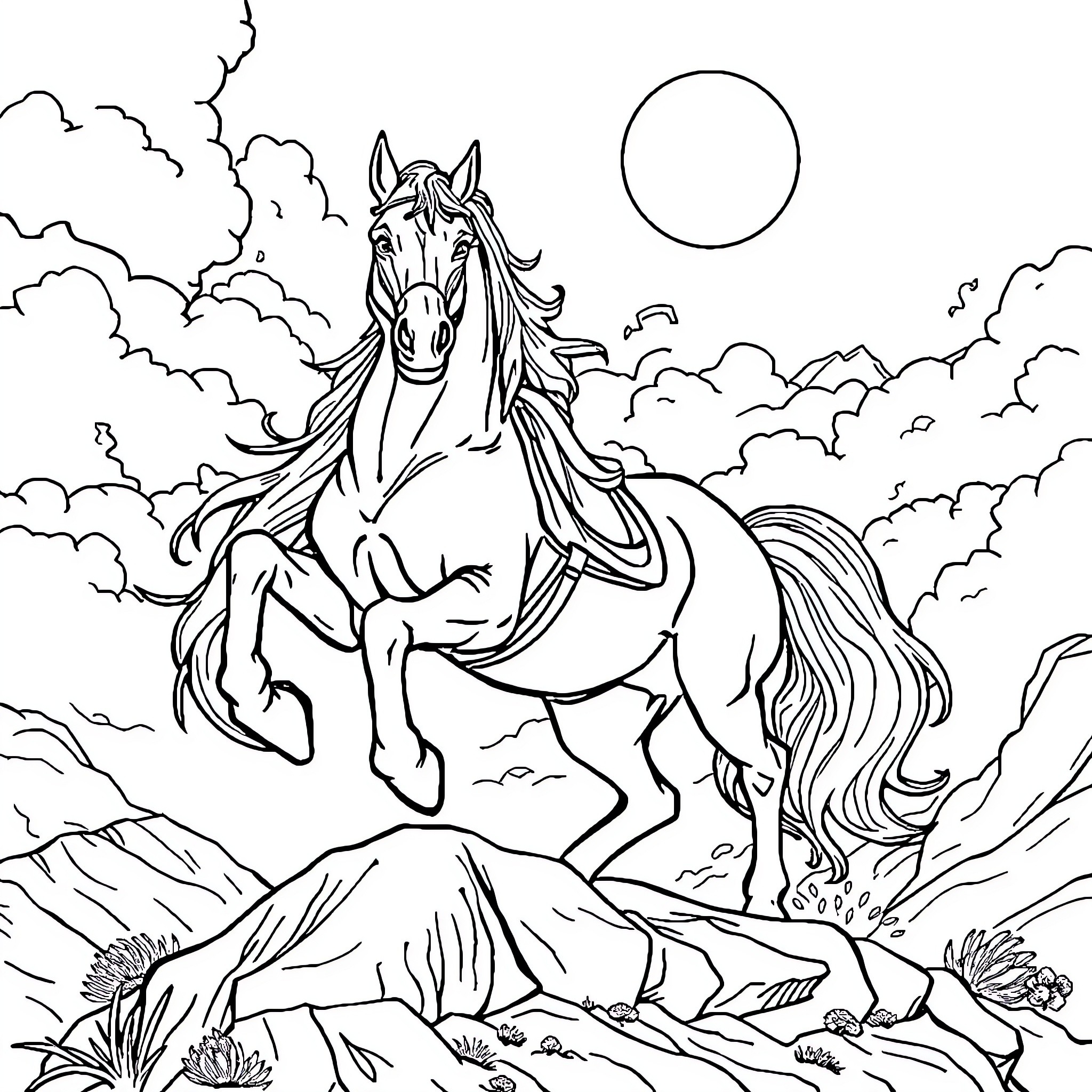 Templar Knight on Horseback Riding in Moonlit Landscape Coloring Page (free black-and-white line drawing printable PDF for all, from beginners to advanced learners, including children, teens, adults, and seniors)