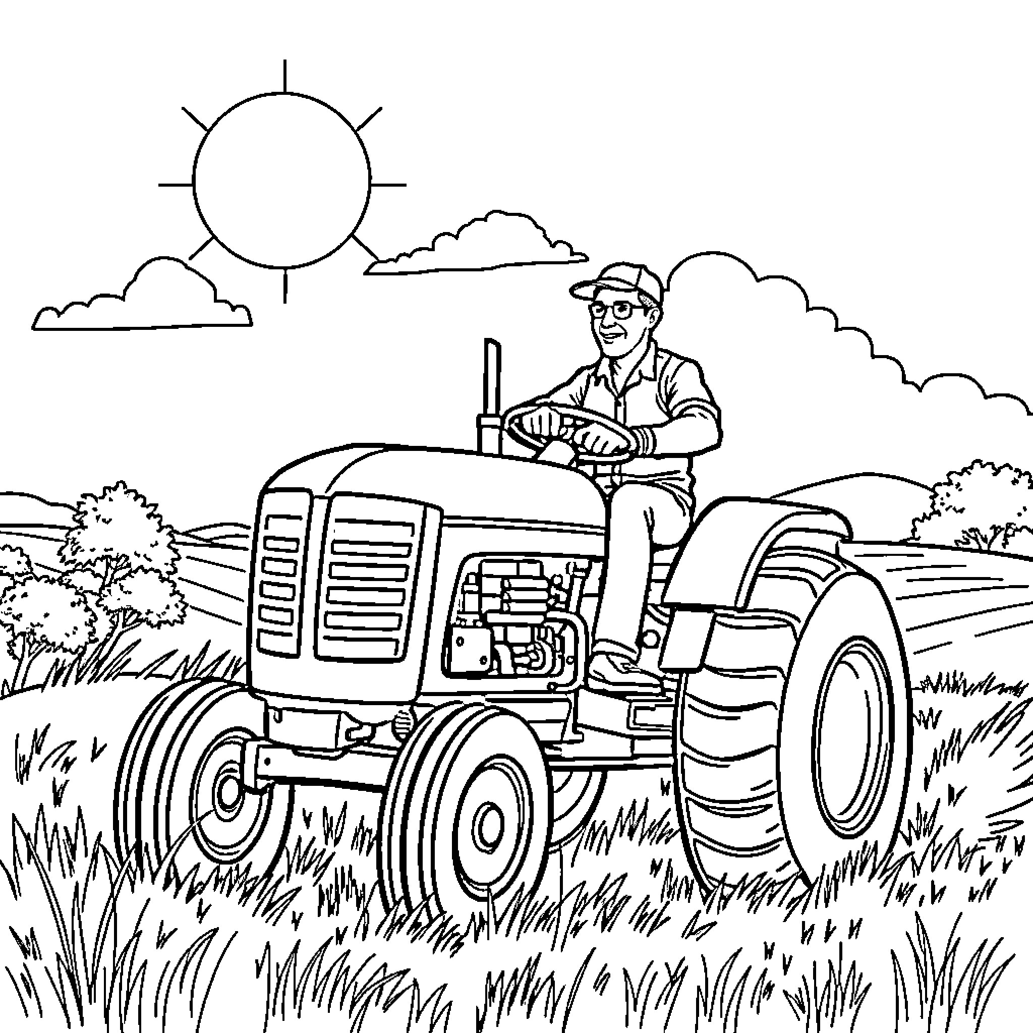 Tractor driving through scenic countryside Coloring Page (free black-and-white line drawing printable PDF for all, from beginners to advanced learners, including children, teens, adults, and seniors)