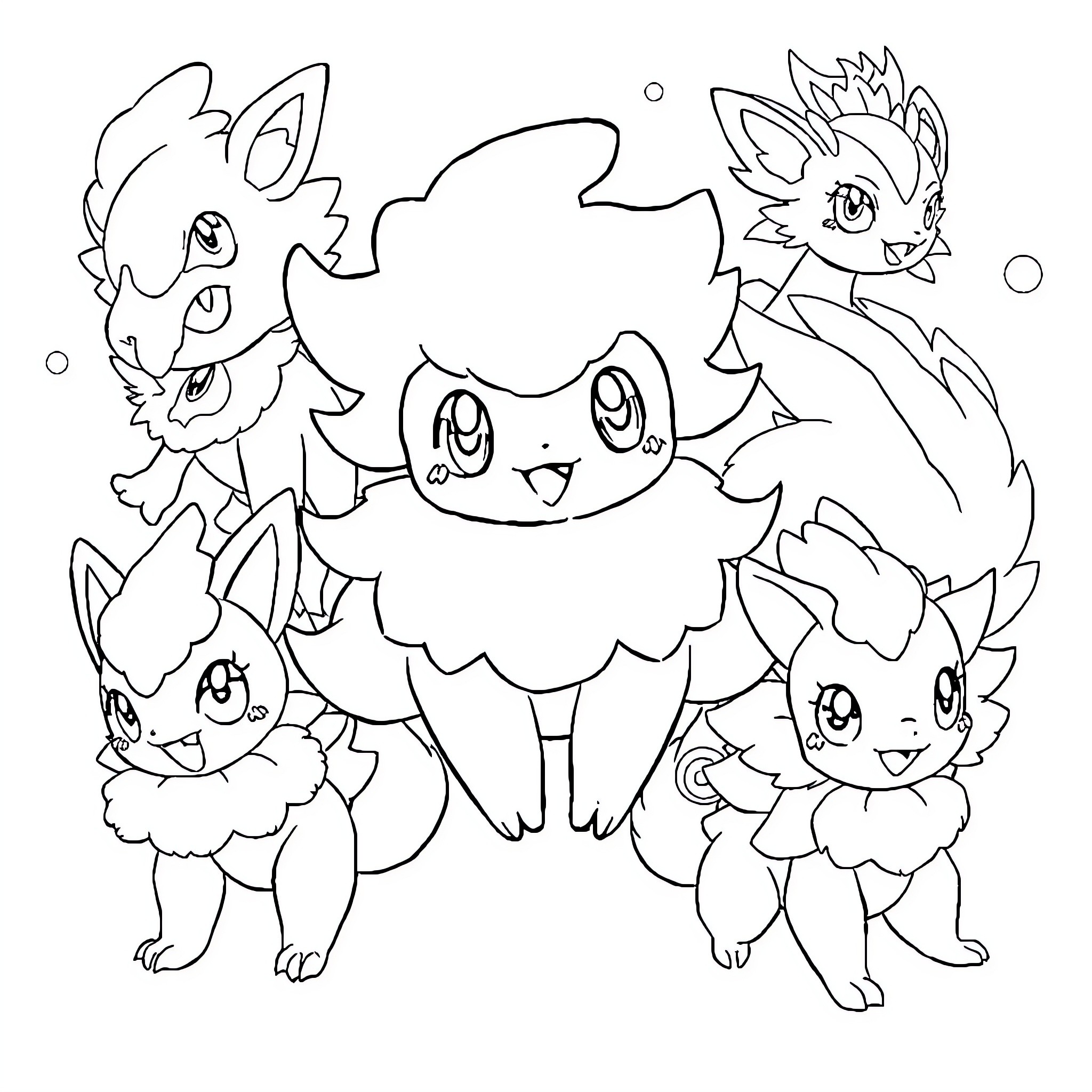 Evoli and Friends: Cute Creatures in Playful Poses Coloring Page (free black-and-white line drawing printable PDF for all, from beginners to advanced learners, including children, teens, adults, and seniors)