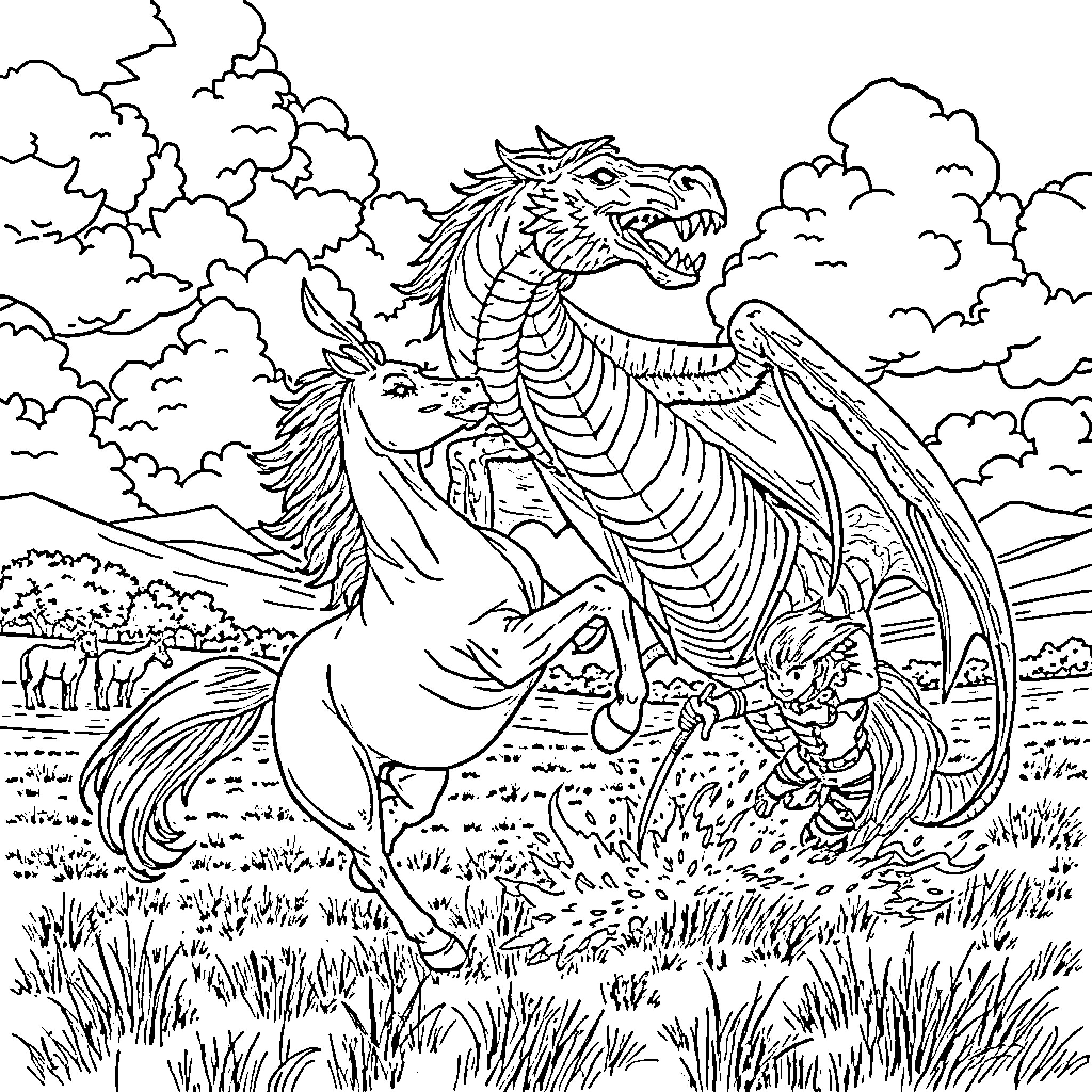 Knight battles fierce dragon in fantastical landscape Coloring Page (free black-and-white line drawing printable PDF for all, from beginners to advanced learners, including children, teens, adults, and seniors)