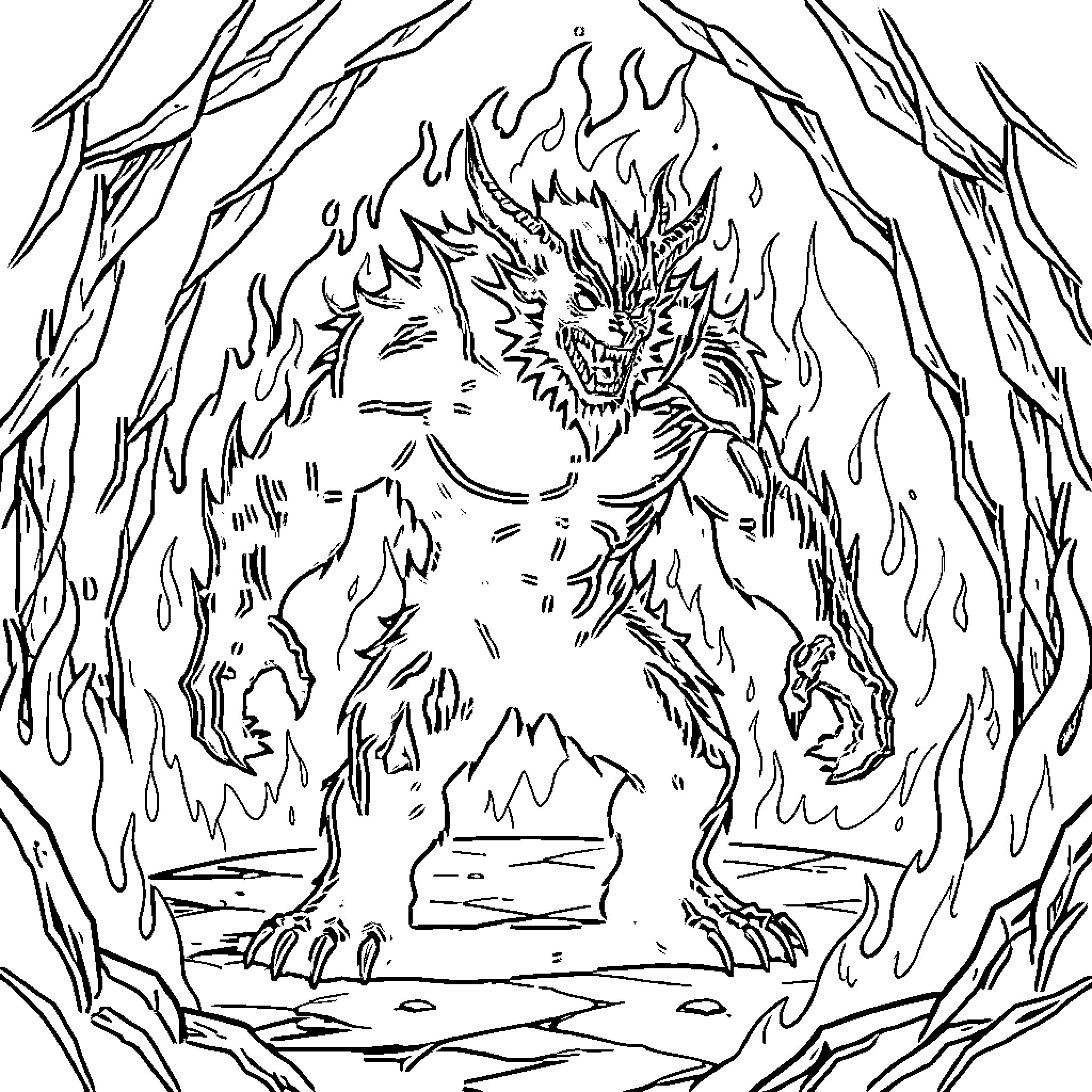 Balrog emerging from flames with a fierce expression Coloring Page (free black-and-white line drawing printable PDF for all, from beginners to advanced learners, including children, teens, adults, and seniors)