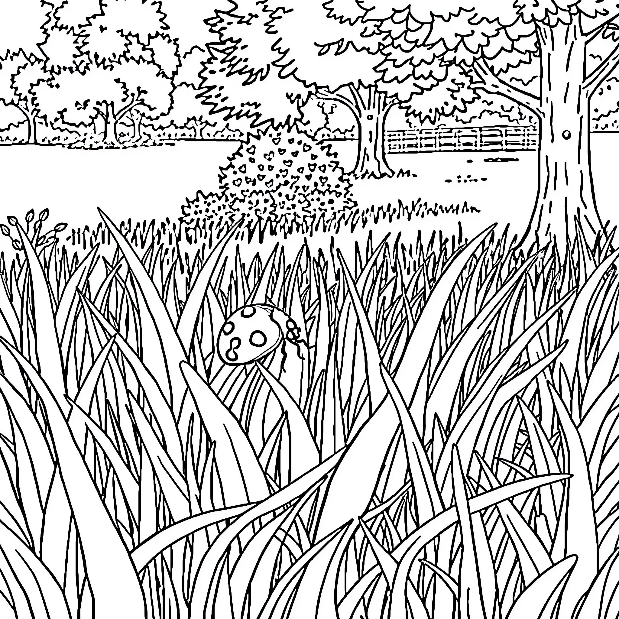 Ladybug exploring the lush garden landscape Coloring Page (free black-and-white line drawing printable PDF for all, from beginners to advanced learners, including children, teens, adults, and seniors)