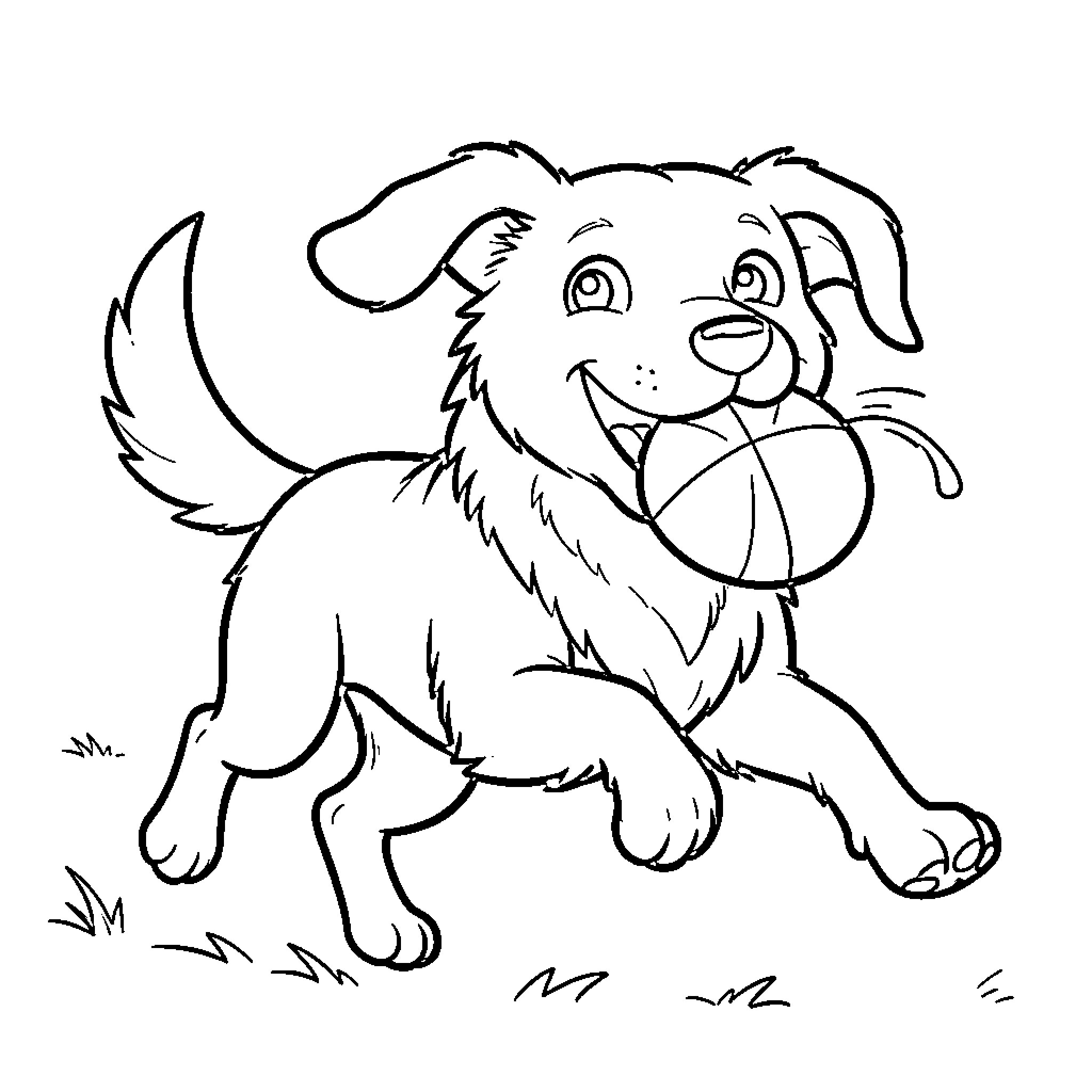 Dog running happily with a ball in mouth Coloring Page (free black-and-white line drawing printable PDF for all, from beginners to advanced learners, including children, teens, adults, and seniors)