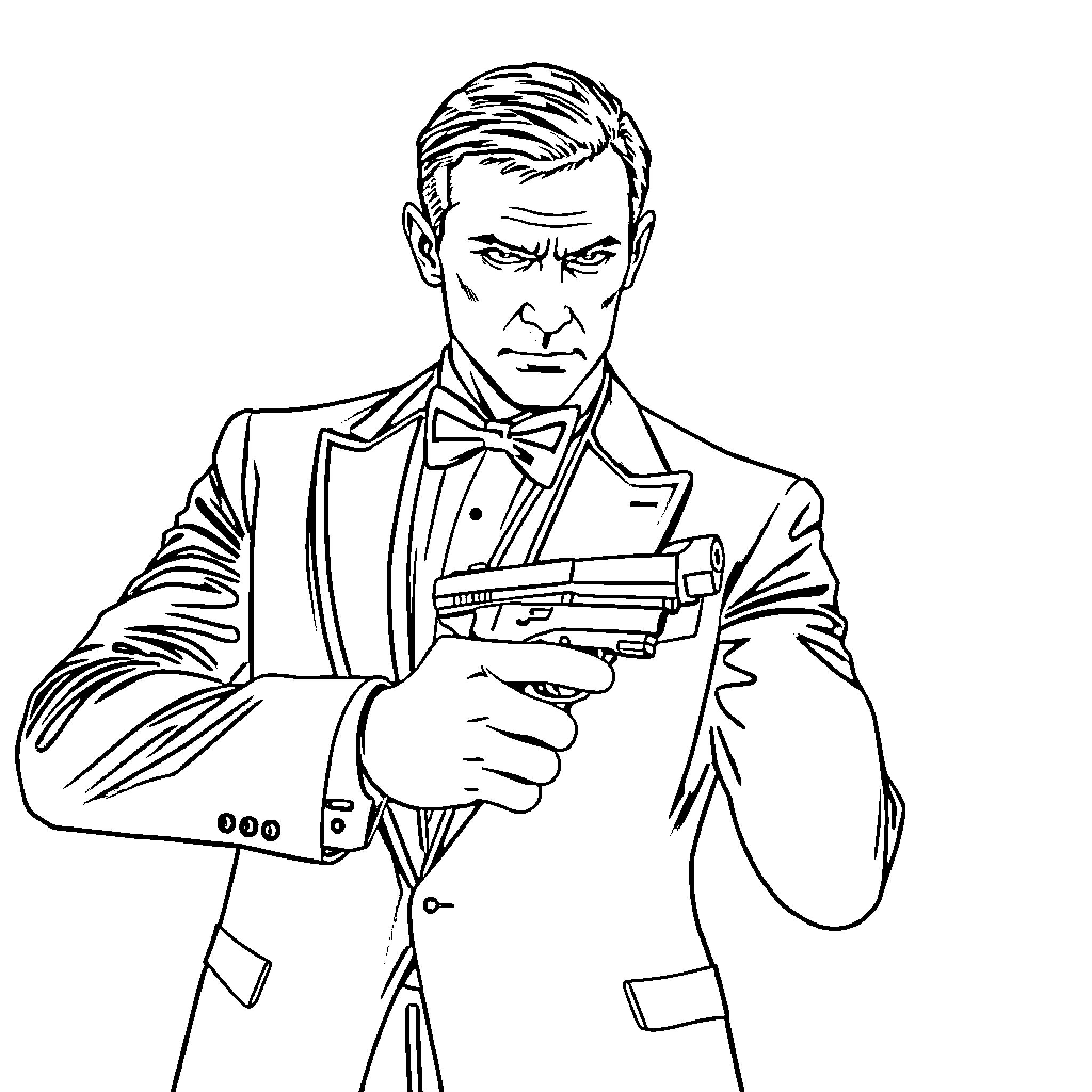 James Bond aiming his weapon in an intense moment Coloring Page (free black-and-white line drawing printable PDF for all, from beginners to advanced learners, including children, teens, adults, and seniors)