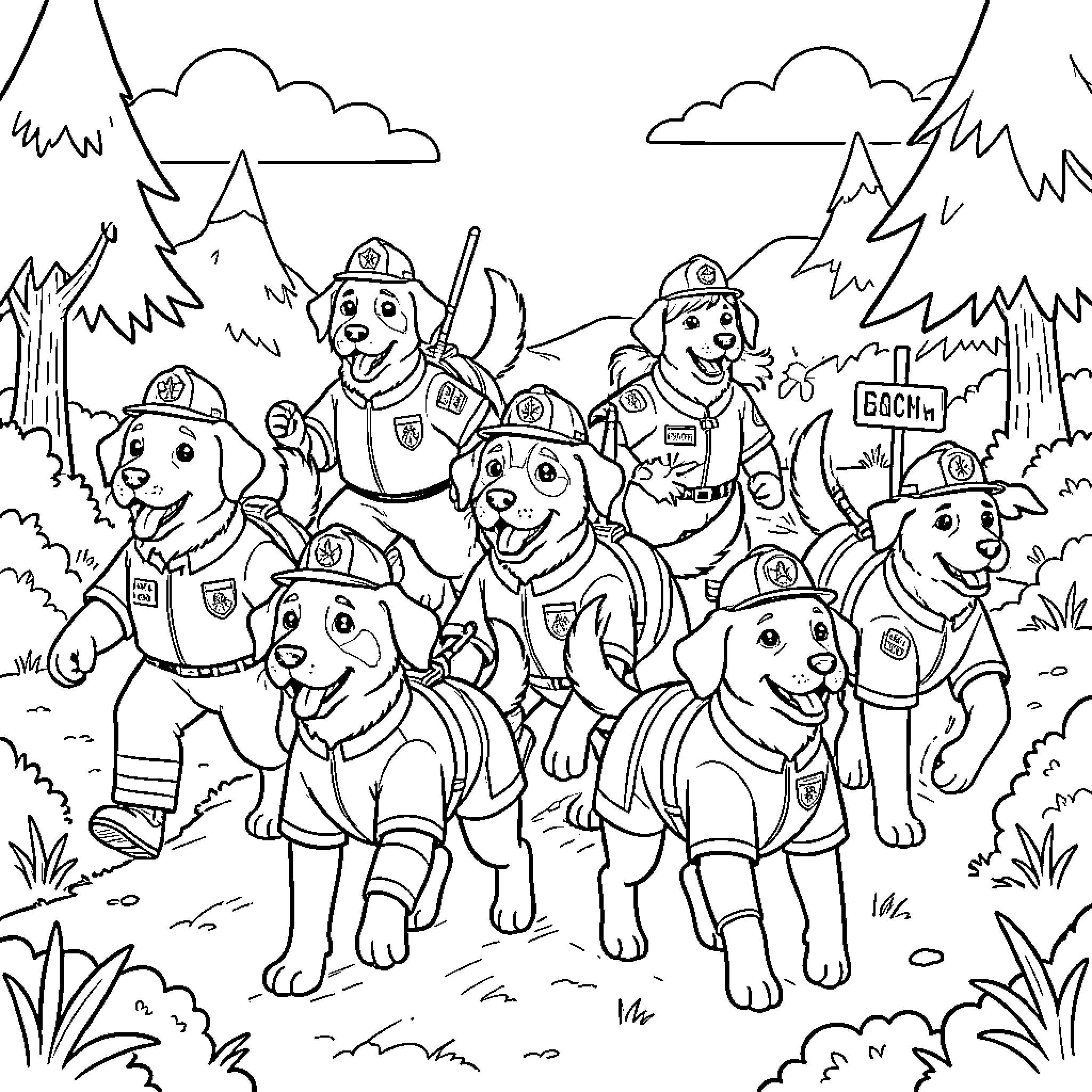 Paw Patrol pups running joyfully through a forest Coloring Page (free black-and-white line drawing printable PDF for all, from beginners to advanced learners, including children, teens, adults, and seniors)