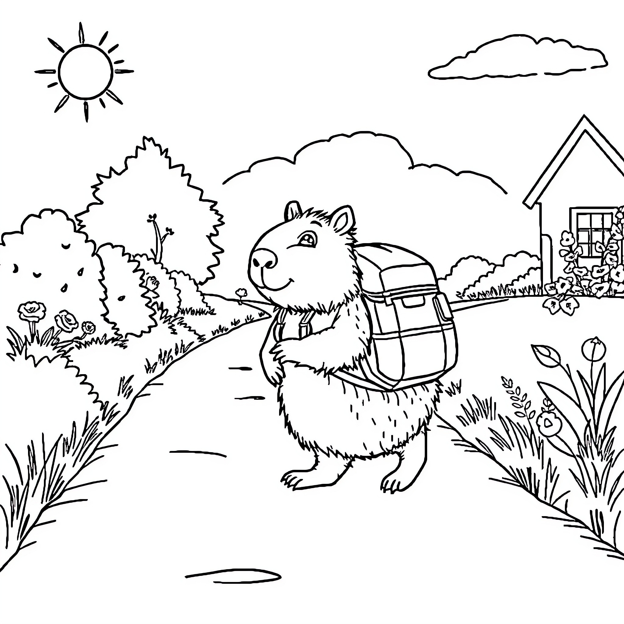 Capybara hiking through the countryside Coloring Page (free black-and-white line drawing printable PDF for all, from beginners to advanced learners, including children, teens, adults, and seniors)