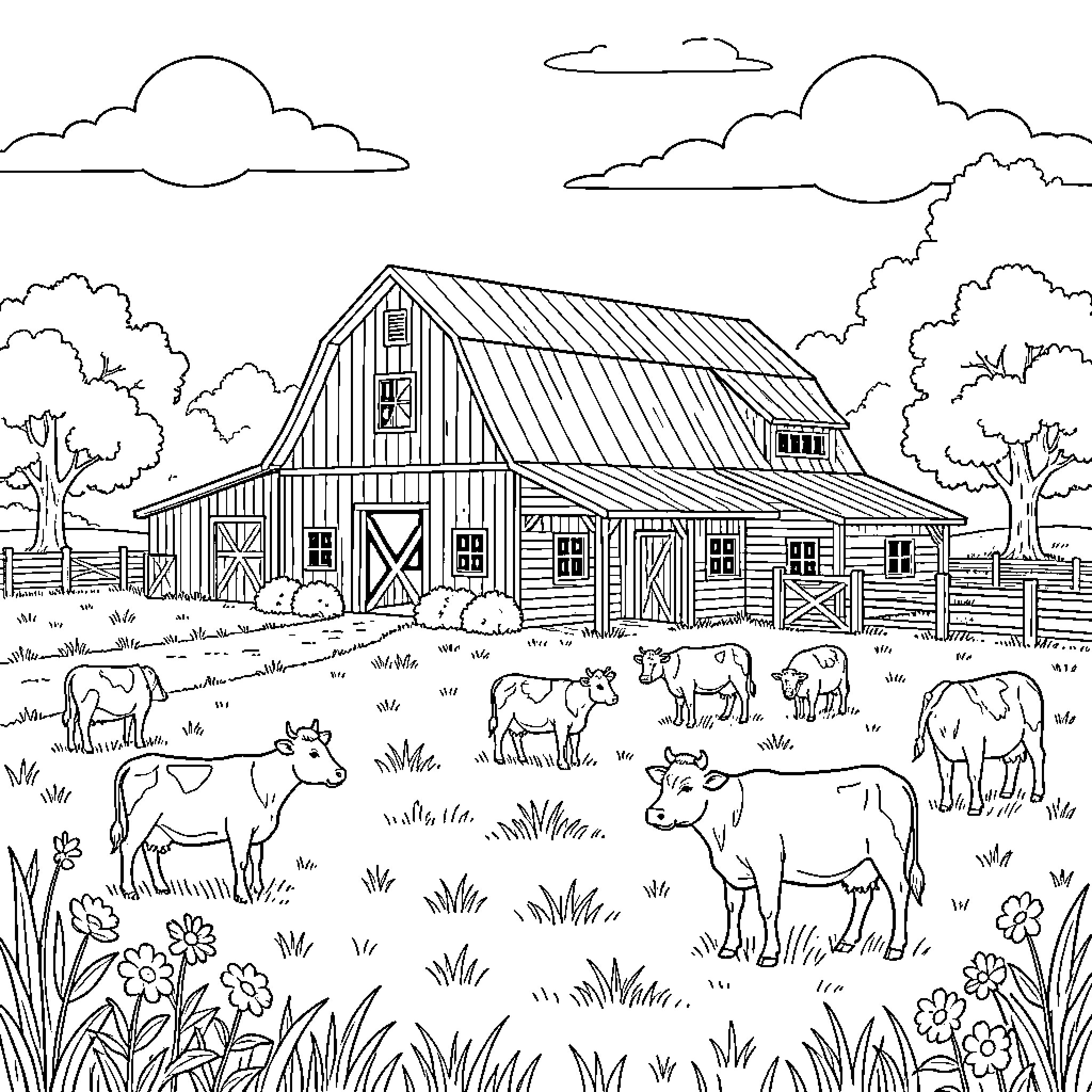 Farm animals grazing peacefully near a large barn Coloring Page (free black-and-white line drawing printable PDF for all, from beginners to advanced learners, including children, teens, adults, and seniors)