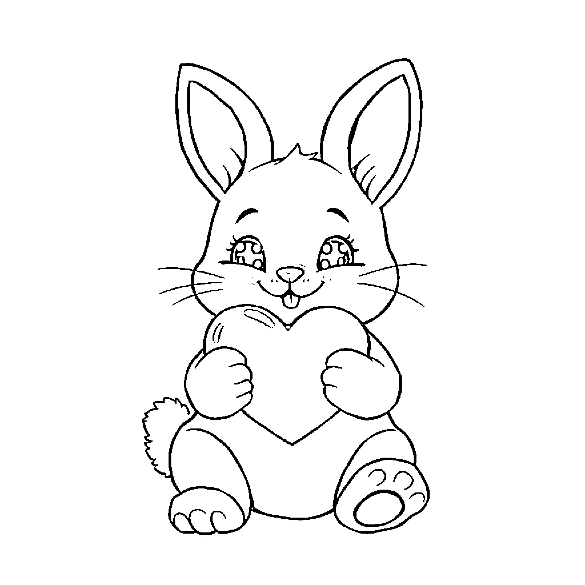 Bunny holding a heart-shaped object Coloring Page (free black-and-white line drawing printable PDF for all, from beginners to advanced learners, including children, teens, adults, and seniors)