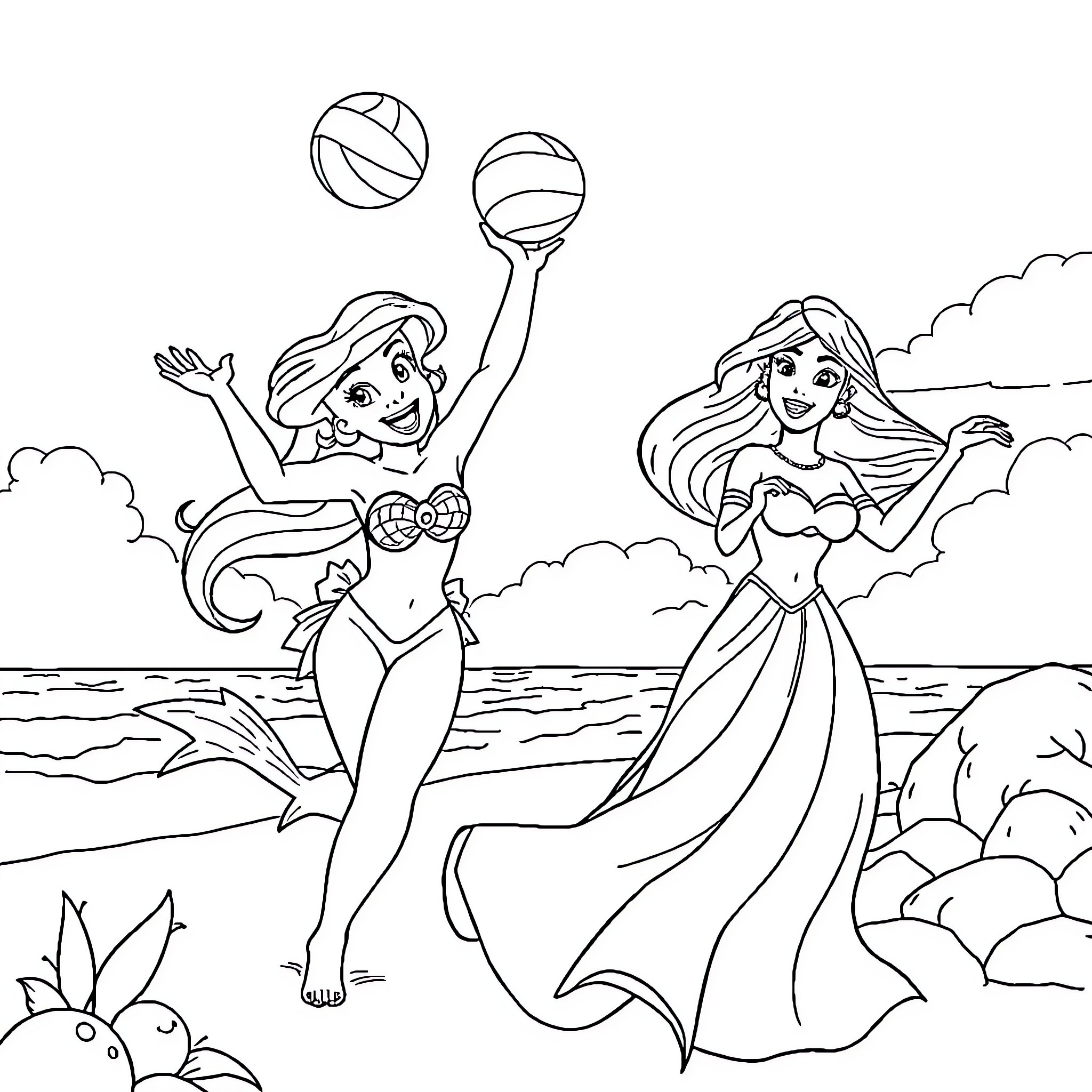 Ariel playing volleyball with Princess on the beach Coloring Page (free black-and-white line drawing printable PDF for all, from beginners to advanced learners, including children, teens, adults, and seniors)