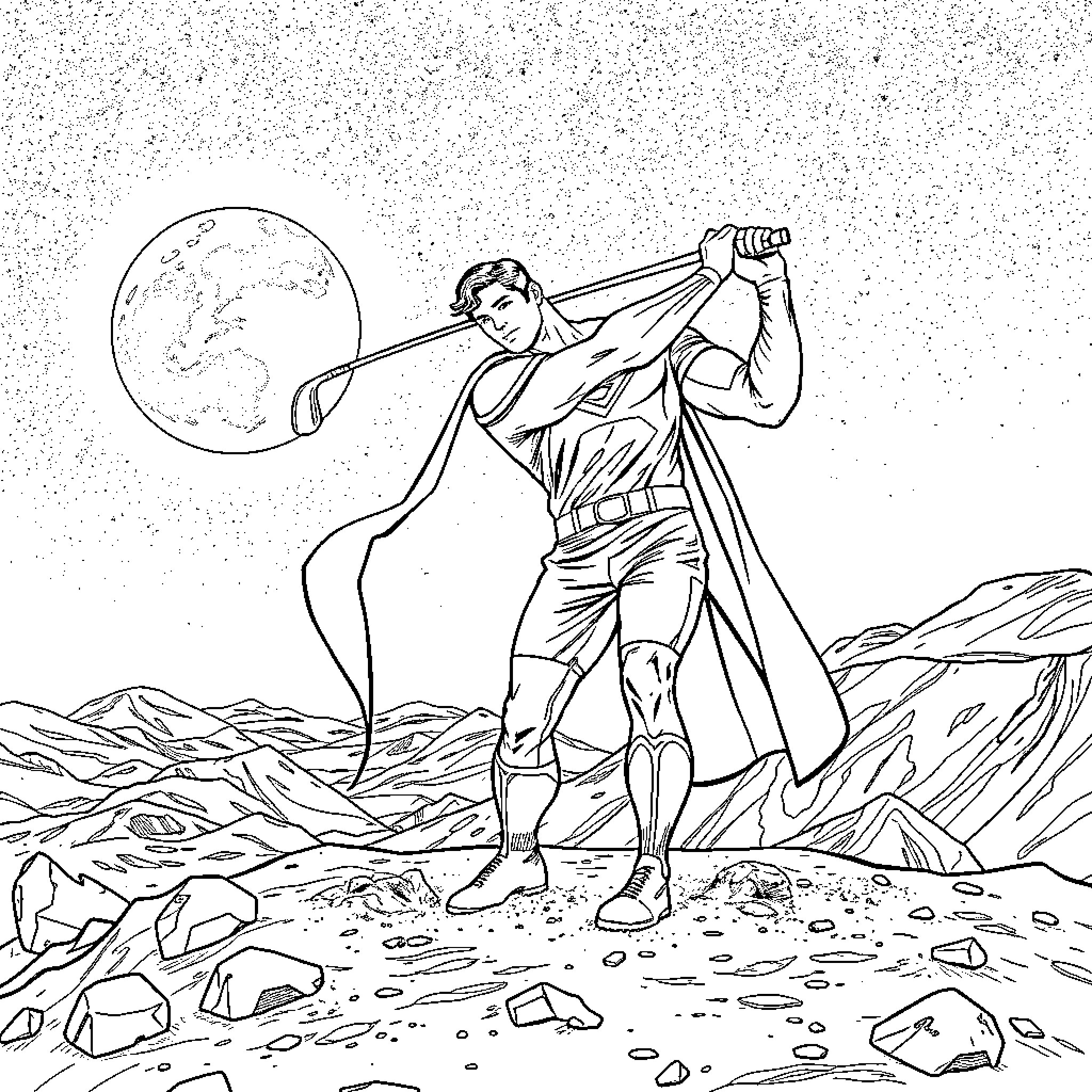Superman heroically flying over the alien landscape Coloring Page (free black-and-white line drawing printable PDF for all, from beginners to advanced learners, including children, teens, adults, and seniors)