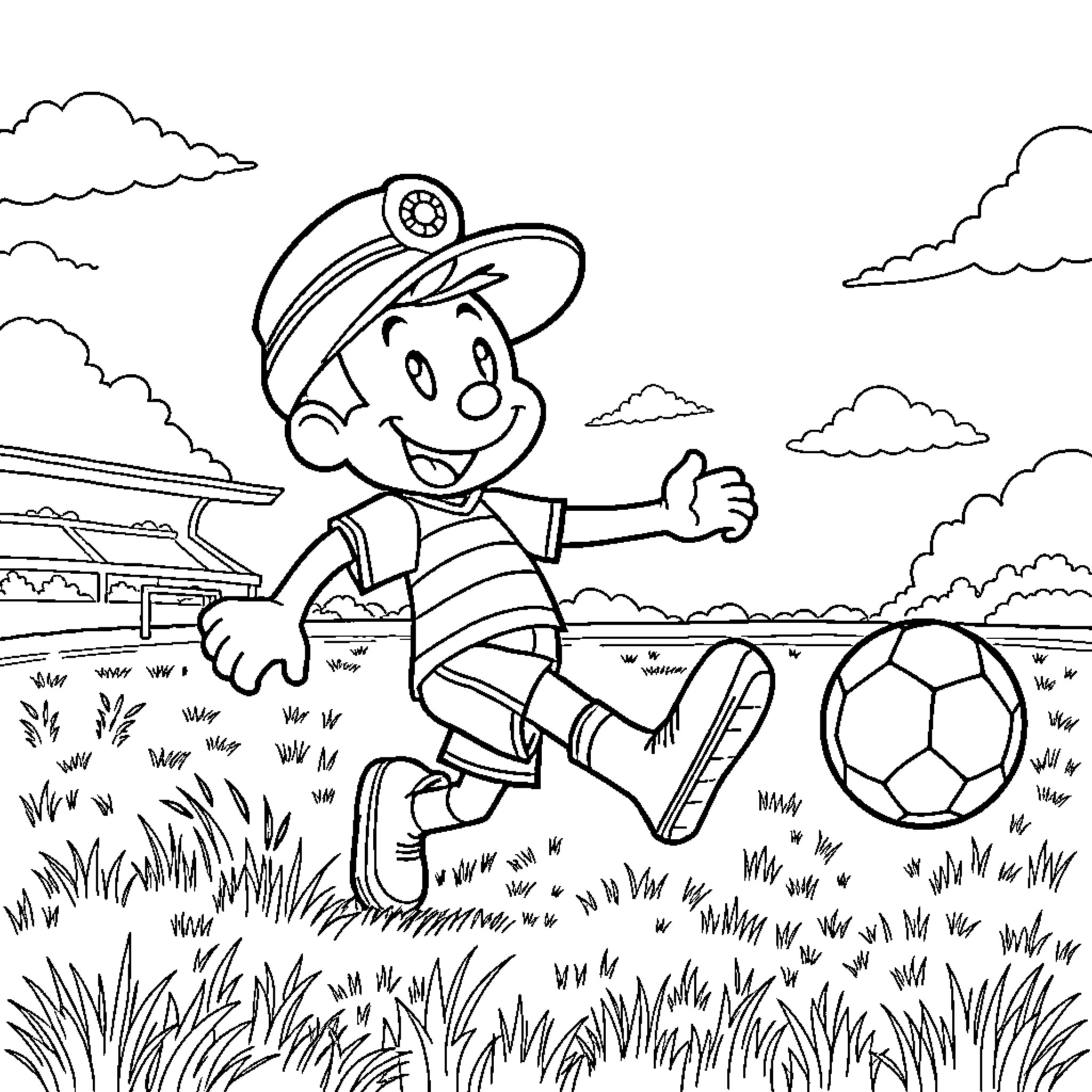 Steamboat Willie playing soccer in a grassy field Coloring Page (free black-and-white line drawing printable PDF for all, from beginners to advanced learners, including children, teens, adults, and seniors)