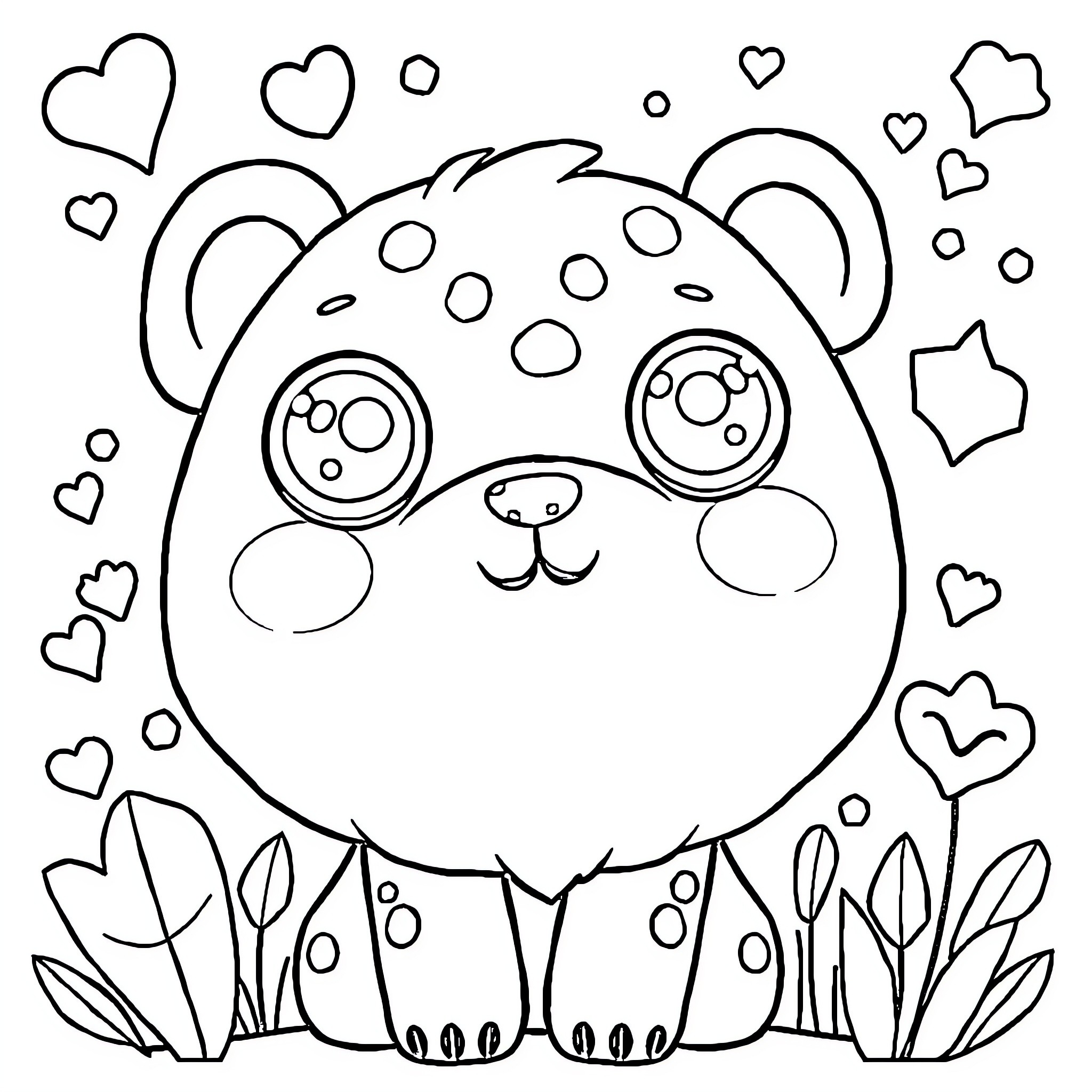 Kawaii Panda Surrounded by Hearts and Flowers Coloring Page (free black-and-white line drawing printable PDF for all, from beginners to advanced learners, including children, teens, adults, and seniors)